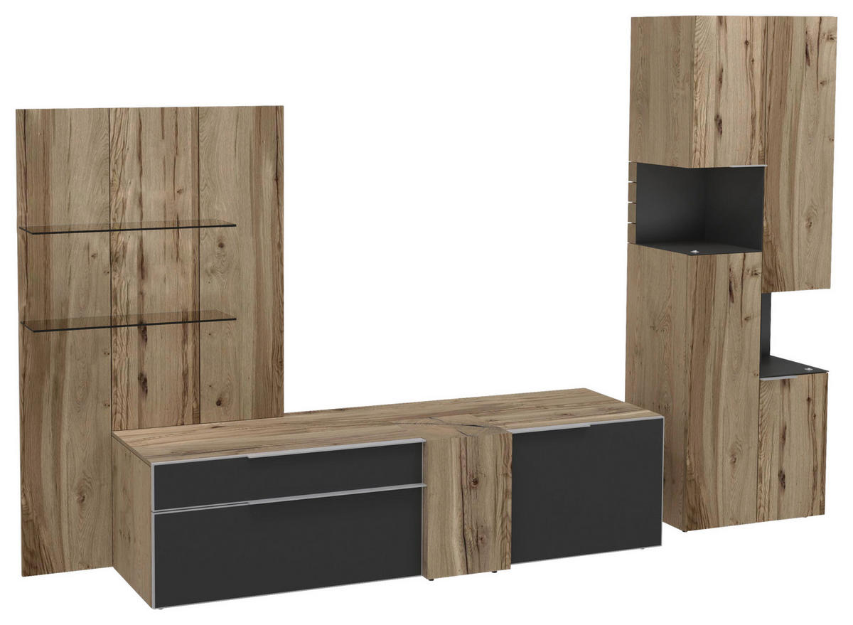 WOHNWAND  in Anthrazit, Eichefarben  306/194/58,3 cm  - Edelstahlfarben/Eichefarben, Design, Glas/Holz (306/194/58,3cm) - Voglauer