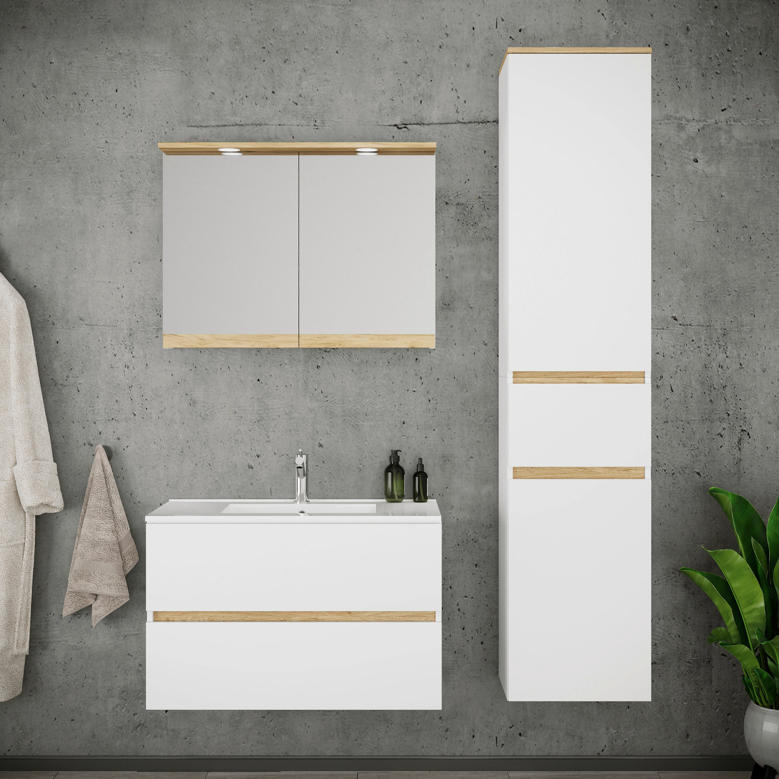 BADEZIMMER 4-teilig  in 121 cm  - Honigeiche/Weiß, Trend, Keramik/Holzwerkstoff (121cm) - MID.YOU