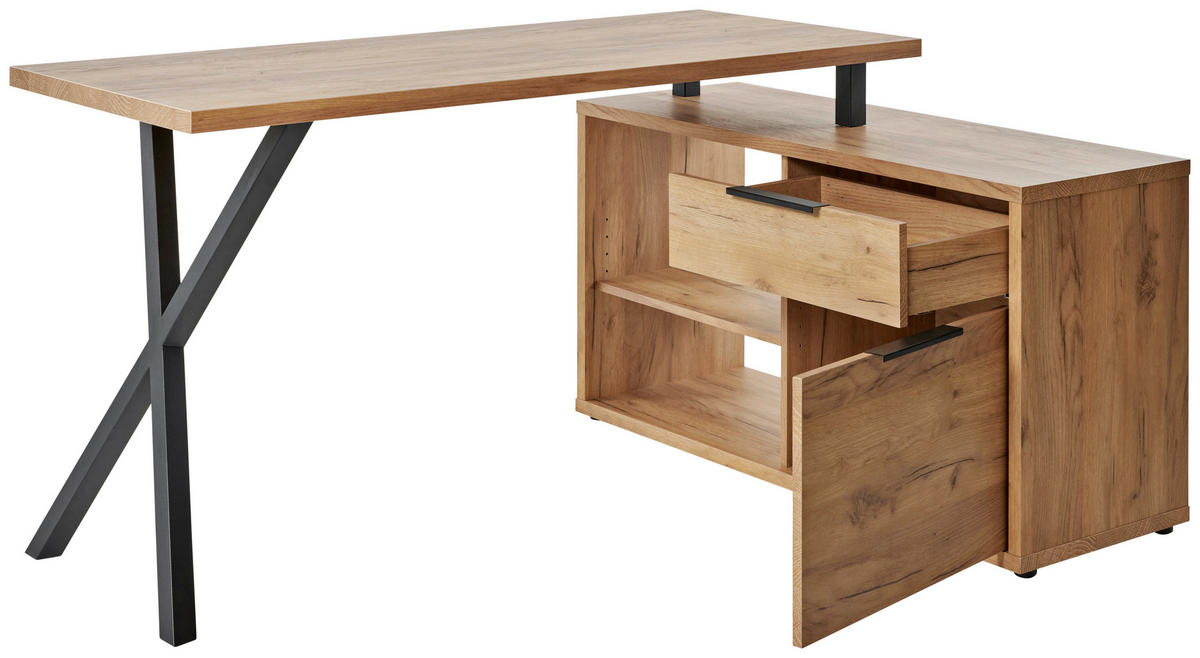 ECKSCHREIBTISCH 150/110/74 cm  in Schwarz, Eichefarben  - Eichefarben/Schwarz, MODERN, Holzwerkstoff/Metall (150/110/74cm) - MID.YOU