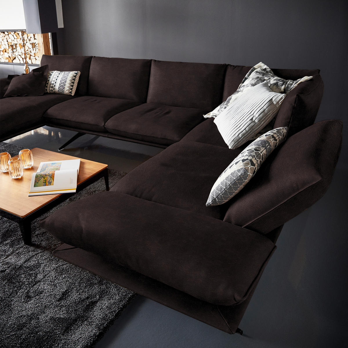 WOHNLANDSCHAFT in Echtleder Dunkelbraun  - Dunkelbraun/Schwarz, Natur, Leder/Metall (155/359/217cm) - Dieter Knoll