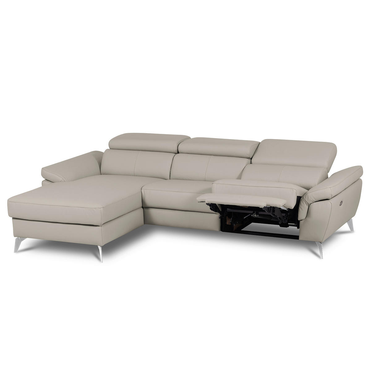 ECKSOFA  in Lederlook Echtleder Platinfarben Rücken echt, Armteilverstellung, Relaxfunktion, Kopfteilverstellung  179/252 cm  - Platinfarben/Chromfarben, Design, Leder/Textil (179/252cm) - Livetastic