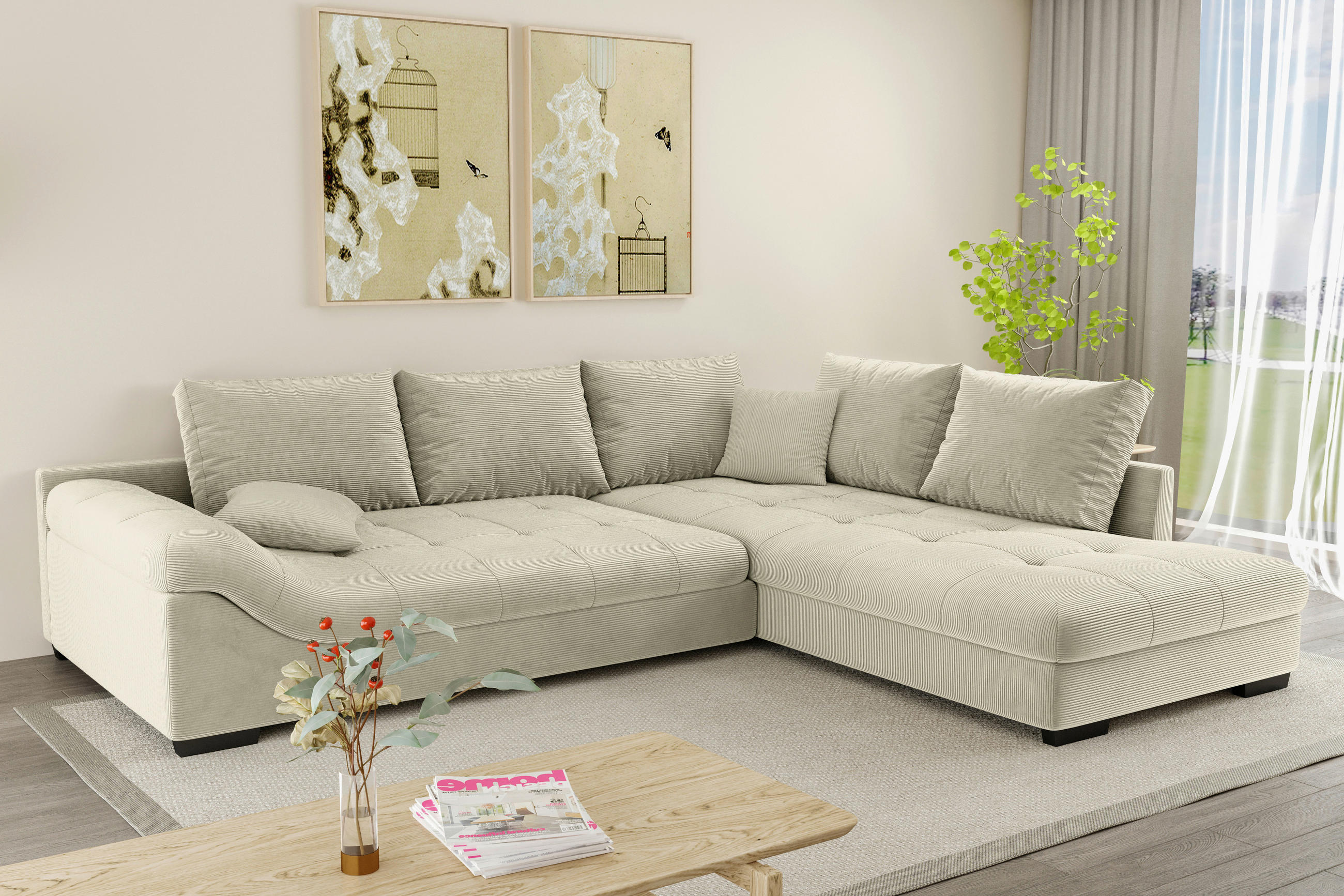 ECKSOFA Naturfarben Cord  - Schwarz/Naturfarben, KONVENTIONELL, Holz/Textil (298/202cm) - Carryhome