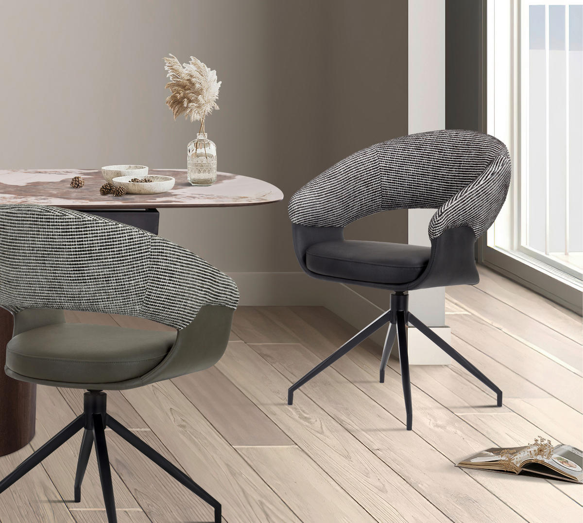 ARMLEHNSTUHL , Sitzfläche 360° drehbar, automatische Rückholfunktion , Mikrofaser, Webstoff  - Schwarz/Weiß, Design, Textil/Metall (60/83/62cm) - Novel