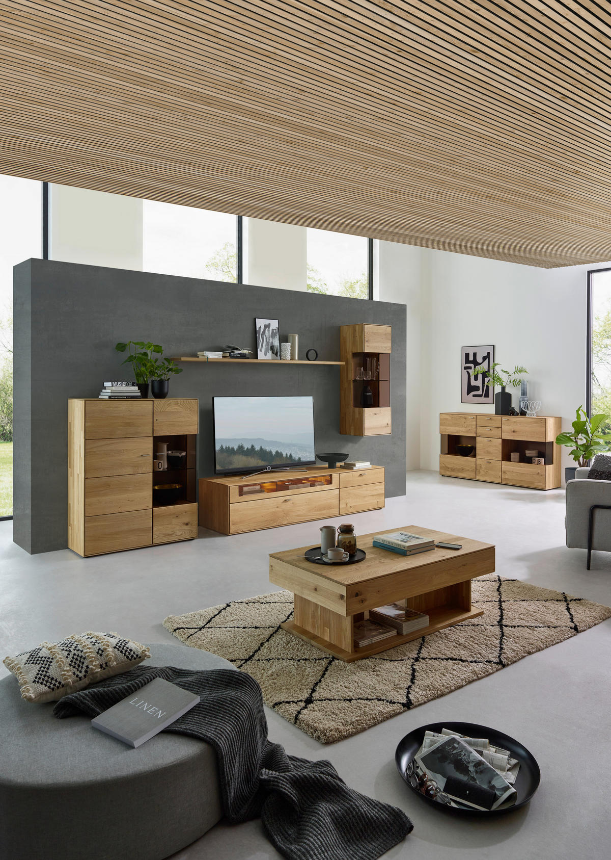 WOHNWAND  in Eichefarben  332,7/202,4/54,5 cm  - Edelstahlfarben/Eichefarben, KONVENTIONELL, Glas/Holz (332,7/202,4/54,5cm) - Valnatura