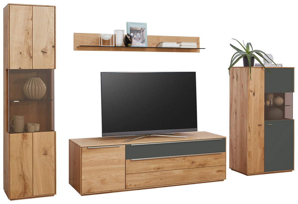 WOHNWAND  in Grau, Eichefarben  330/204/50 cm  - Eichefarben/Silberfarben, Design, Glas/Holz (330/204/50cm) - Waldwelt