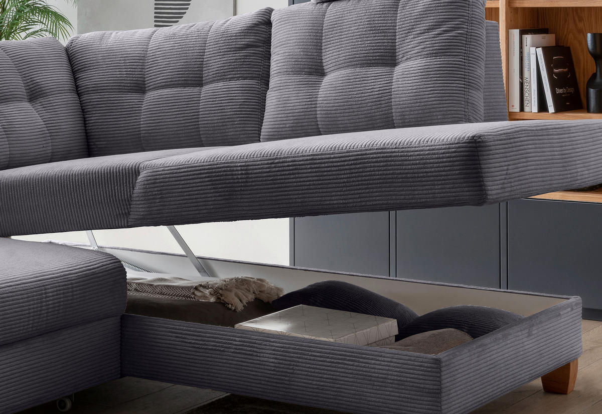 ECKSOFA in Cord Grau  - Naturfarben/Grau, Modern, Holz/Textil (274/206cm) - Livetastic
