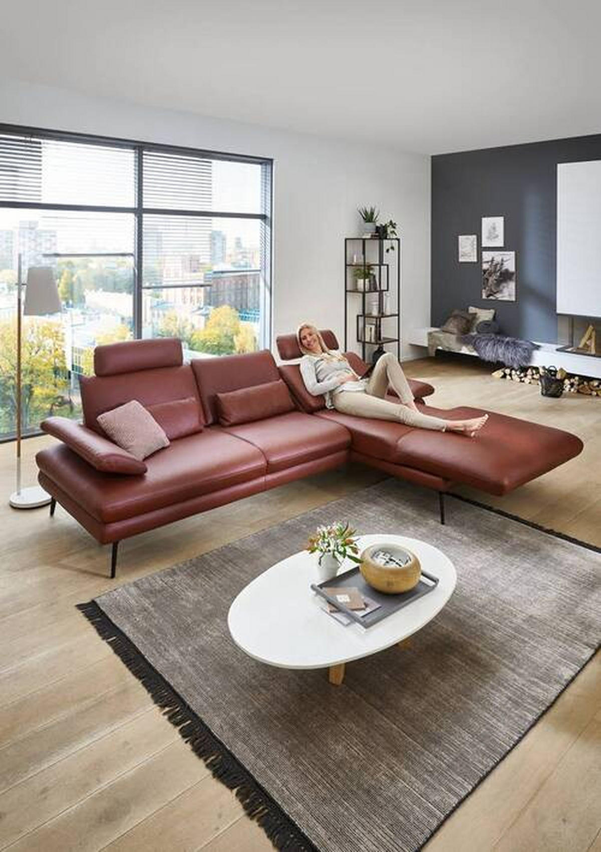 ECKSOFA in Echtleder Dunkelrot  - Schwarz/Dunkelrot, Design, Leder/Metall (310/180cm) - Dieter Knoll