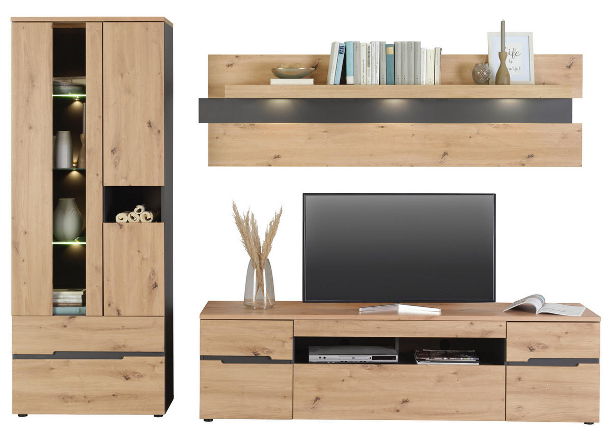 TV-ELEMENT Graphitfarben, Eiche Artisan  192/53/47 cm  - Schwarz/Graphitfarben, Trend, Holzwerkstoff/Kunststoff (192/53/47cm) - Carryhome