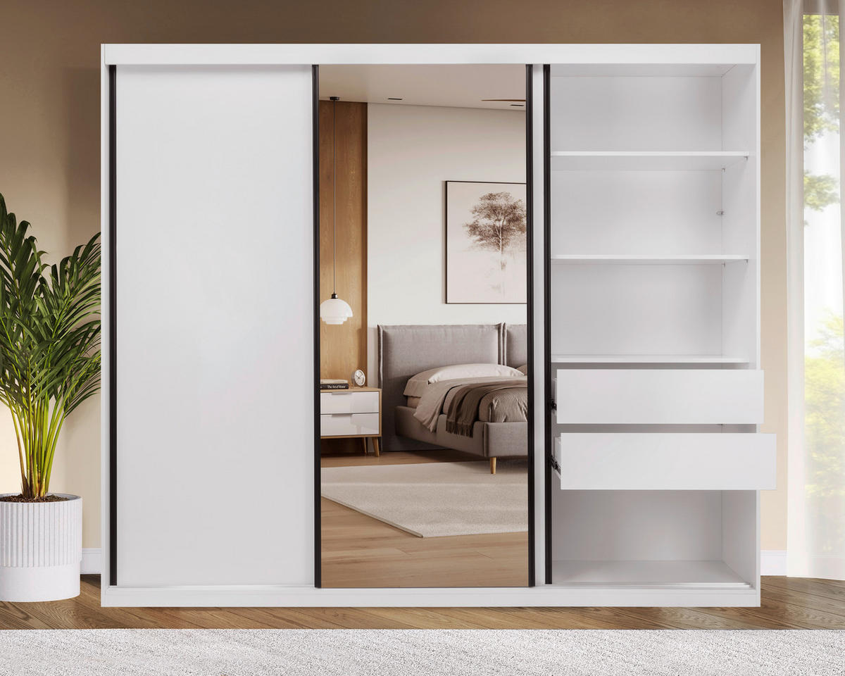 SCHIEBETÜRENSCHRANK 250/215/59,5 cm 3-türig Weiß  - Schwarz/Weiß, MODERN, Holzwerkstoff/Metall (250/215/59,5cm) - MID.YOU