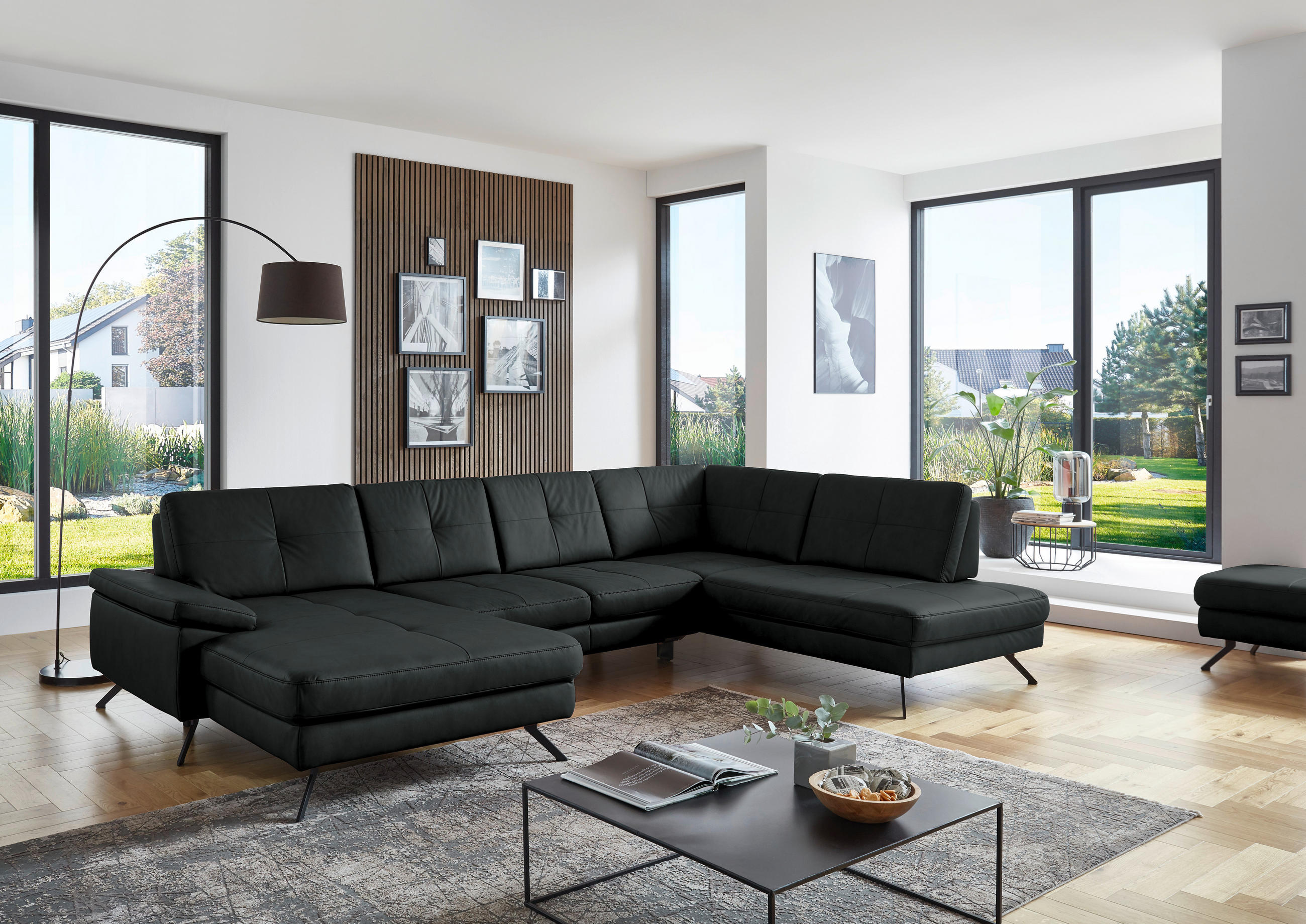 WOHNLANDSCHAFT in Lederlook, Mikrofaser Anthrazit  - Anthrazit/Schwarz, Design, Textil/Metall (345/220cm) - Beldomo System