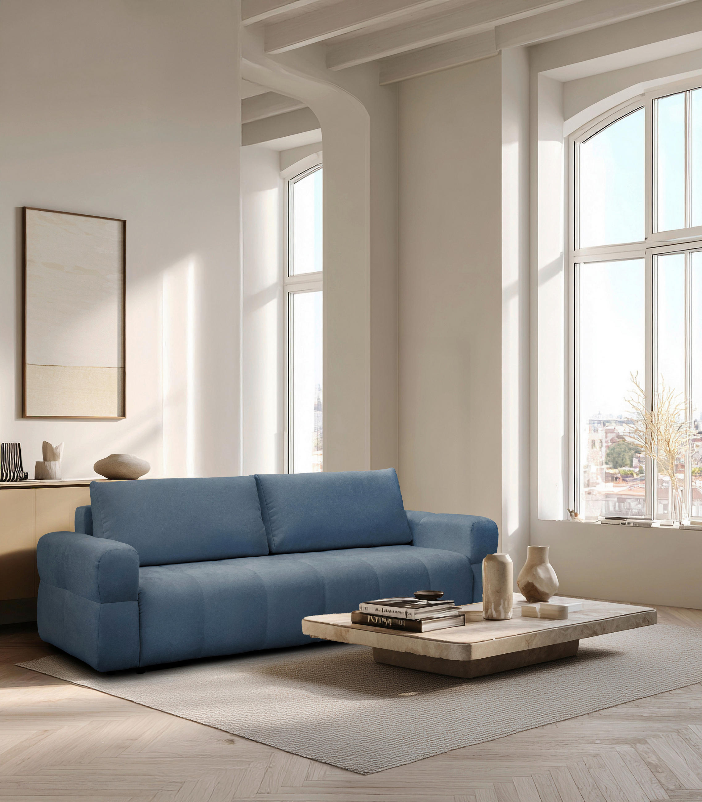 SCHLAFSOFA LOTTA  mit Chenille Blau  - Blau/Schwarz, Design, Textil (248/90/105cm) - MID.YOU