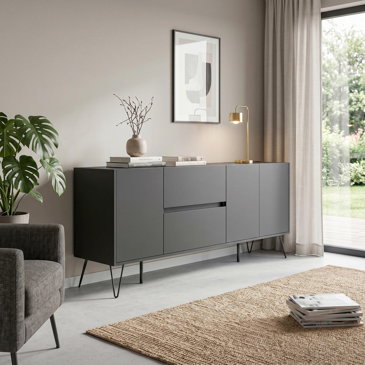 SIDEBOARD Posseik Industrial 177/75,8/42 cm 2 Schublade(n)  - Graphitfarben/Schwarz, Design, Holzwerkstoff/Metall (177/75,8/42cm) - MID.YOU