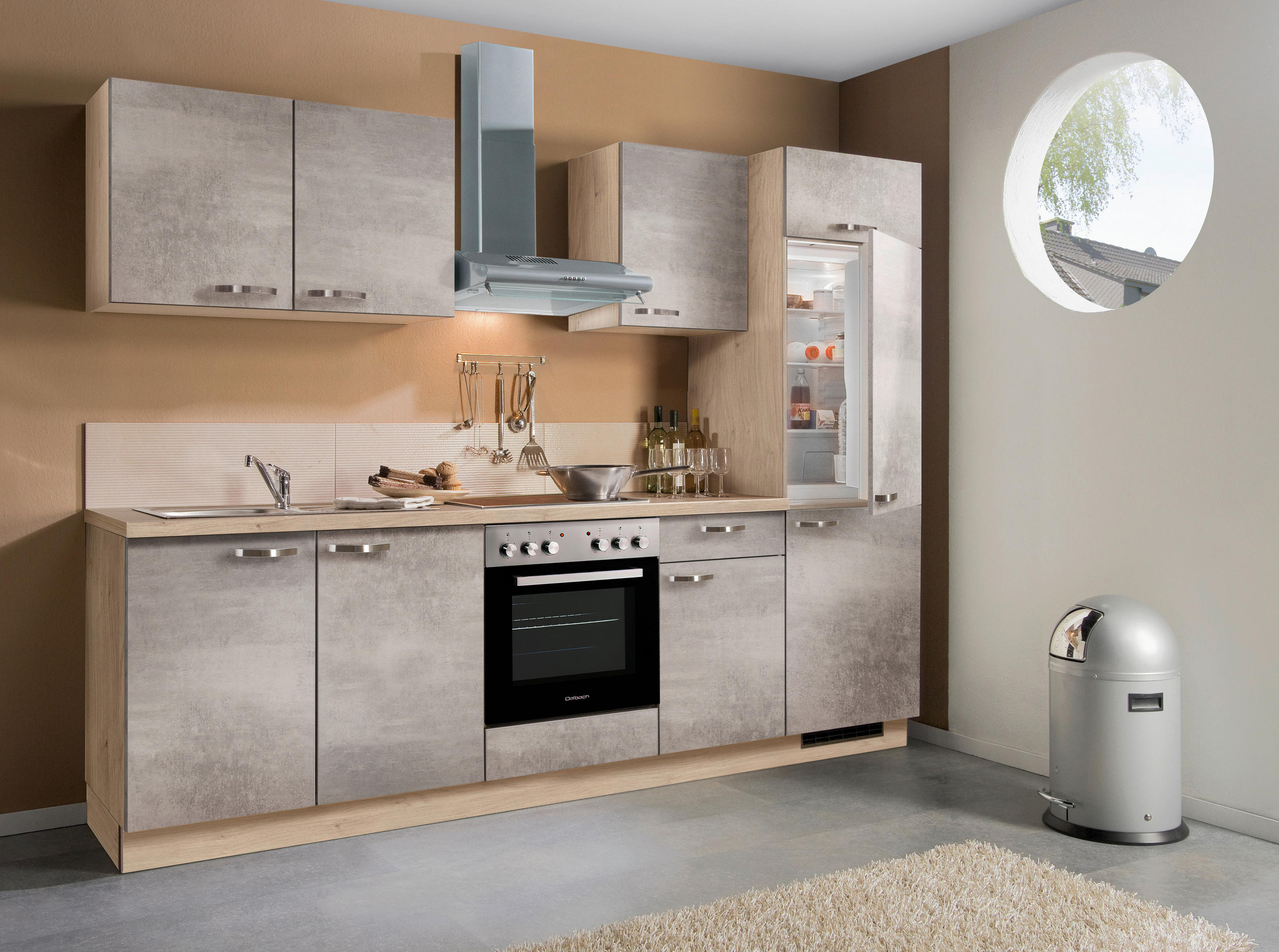 KÜCHENBLOCK 270 cm   in Eichefarben, Grau  - Edelstahlfarben/Eichefarben, Design, Holzwerkstoff/Metall (270cm) - Welnova