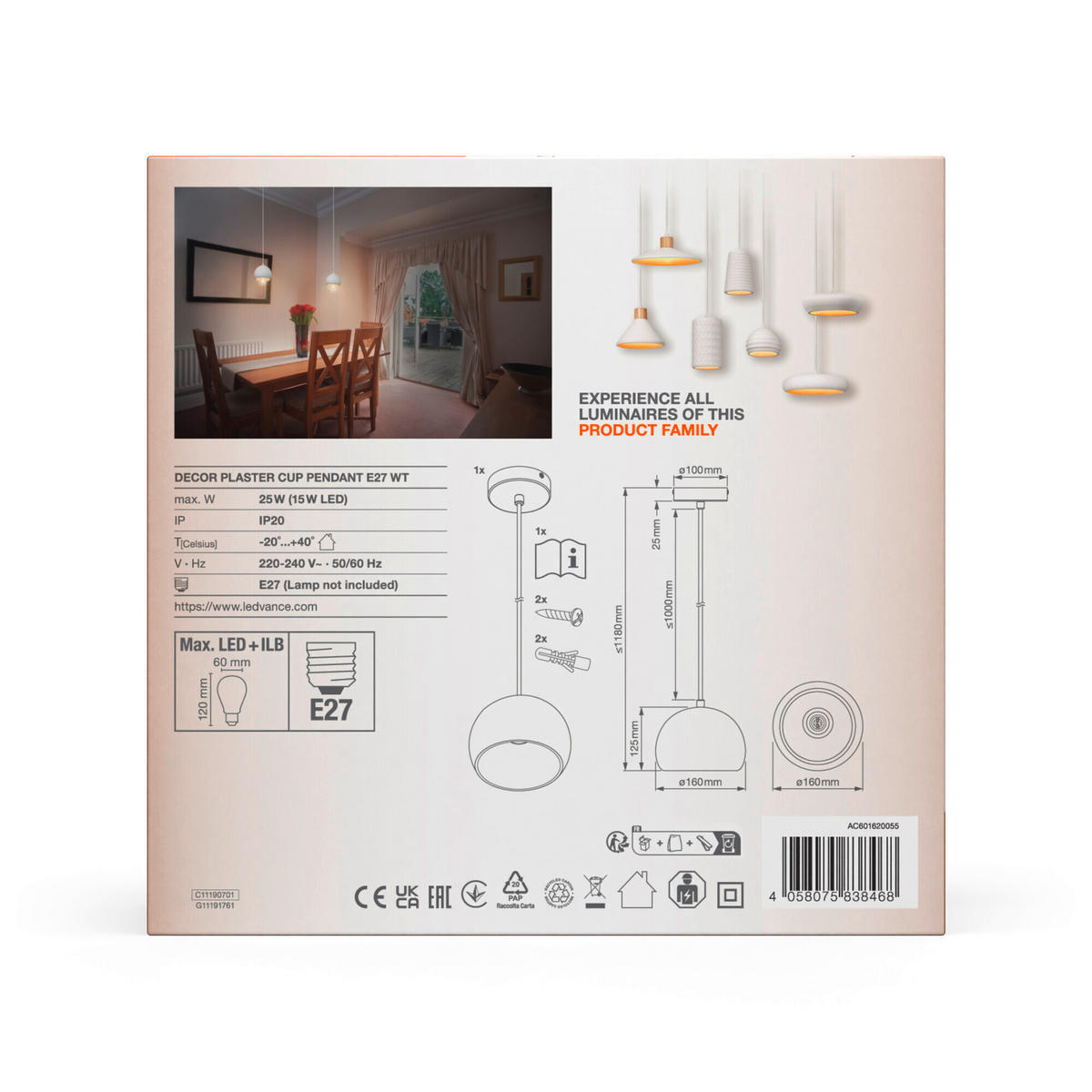 PENDELLEUCHTE 16/118 cm  - Weiß, Basics, Stein/Metall (16/118cm) - Ledvance