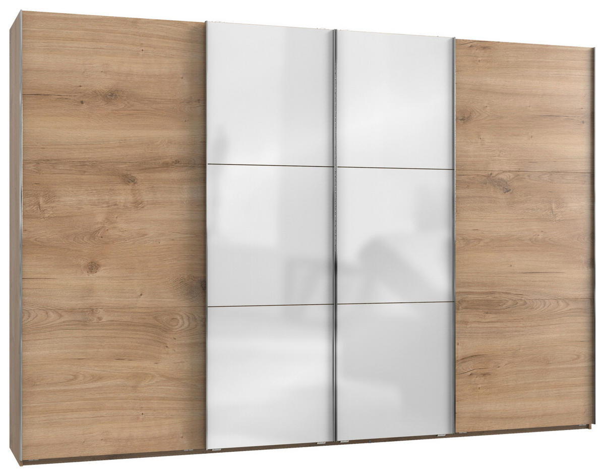 SCHWEBETÜRENSCHRANK 350/236/65 cm 4-türig Weiß, Eichefarben  - Chromfarben/Eichefarben, MODERN, Holzwerkstoff (350/236/65cm) - MID.YOU