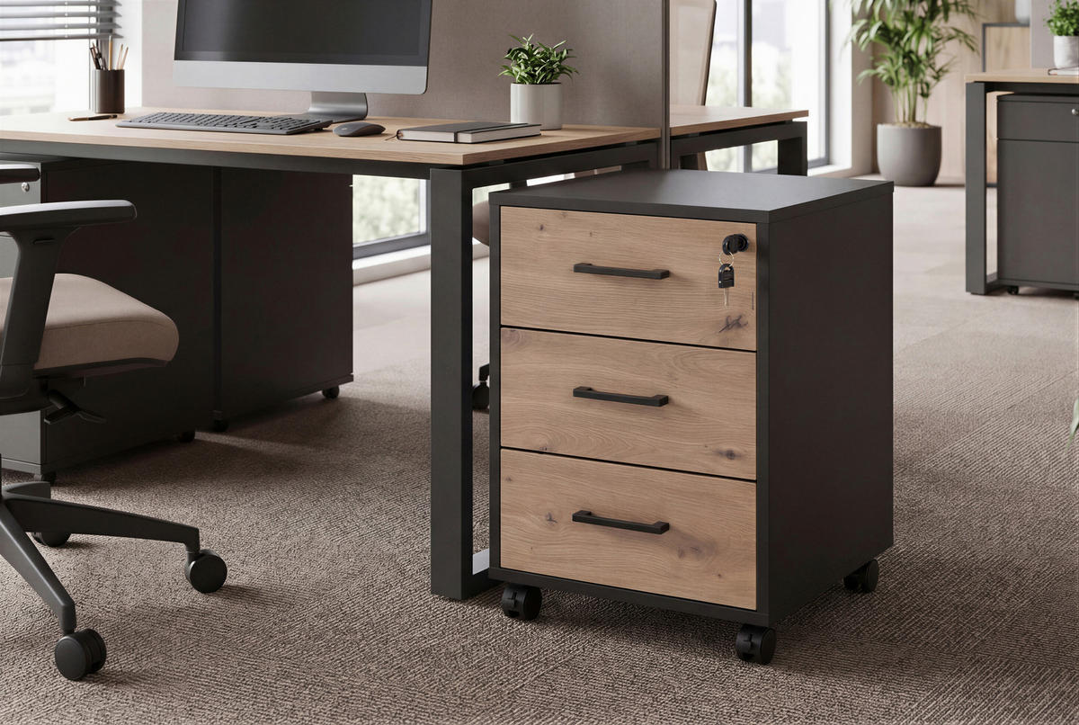 ROLLCONTAINER Schwarz, Eiche Artisan  - Schwarz/Eiche Artisan, MODERN, Holzwerkstoff/Kunststoff (43/56/42cm) - Livetastic