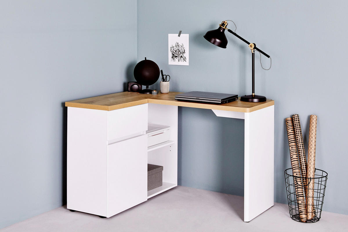 ECKSCHREIBTISCH 117/90/76,2 cm  in Weiss, Eichefarben  - Weiss/Eichefarben, Design, Holzwerkstoff (117/90/76,2cm)