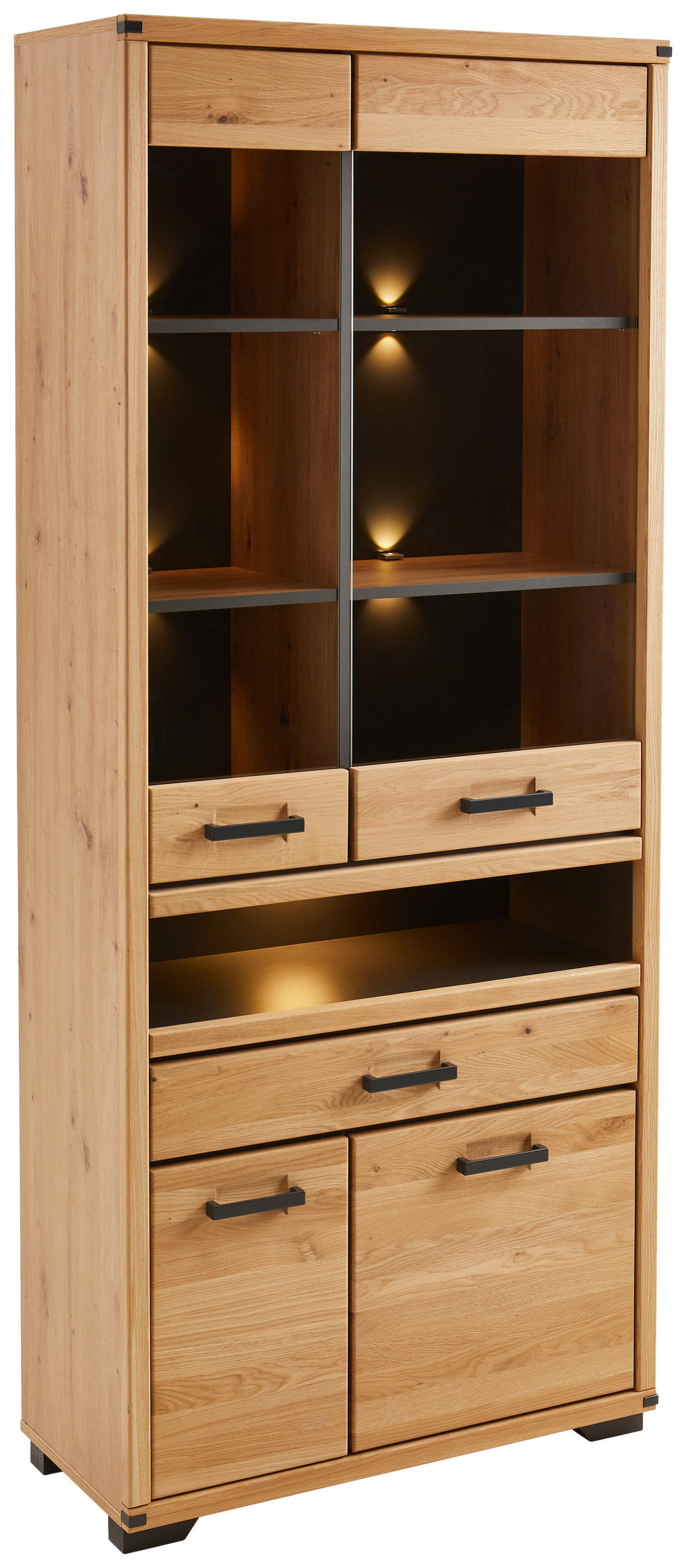 VITRINE Wildeiche massiv Graphitfarben, Eiche Artisan, Wildeiche Beleuchtung  - Wildeiche/Graphitfarben, KONVENTIONELL, Glas/Holz (85/204/38cm) - Hom`in