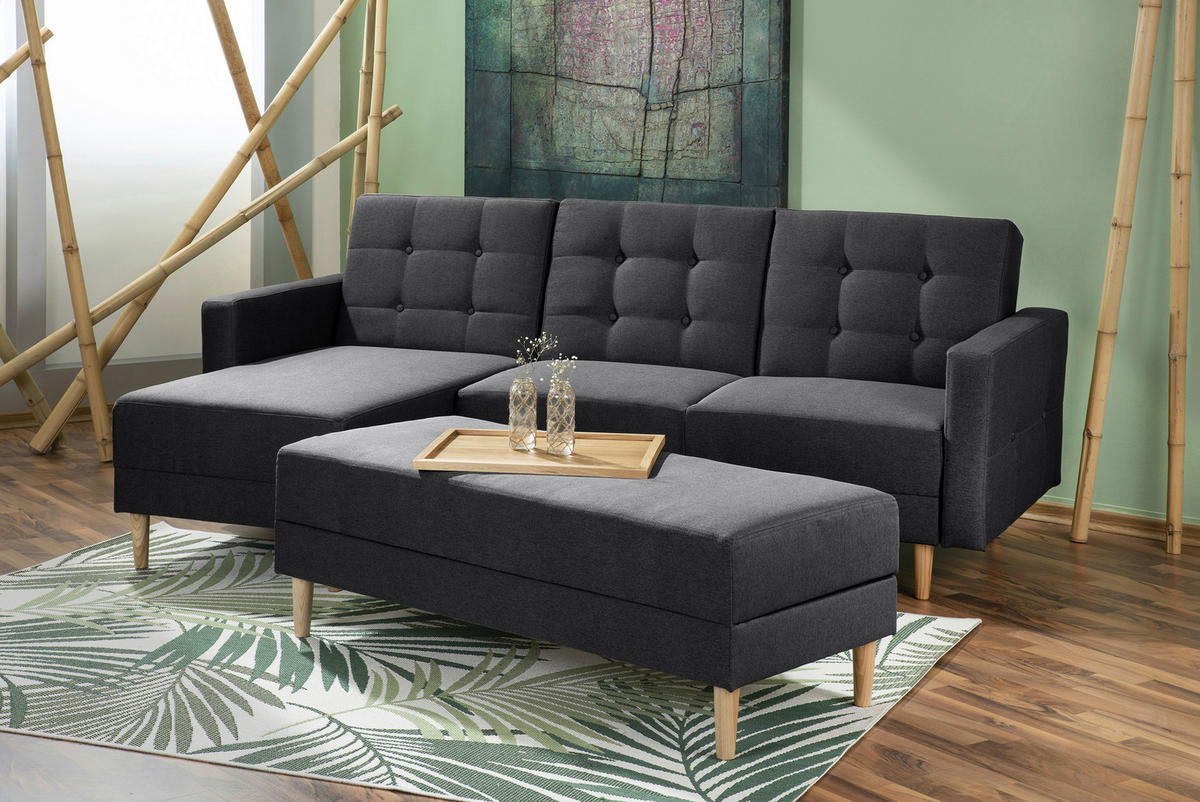 ECKSCHLAFSOFA inkl. Hocker  mit Schlafen auf Sitzhöhe Flachgewebe Graphitfarben  - Eschefarben/Graphitfarben, MODERN, Holz/Textil (223/152cm) - Max Winzer