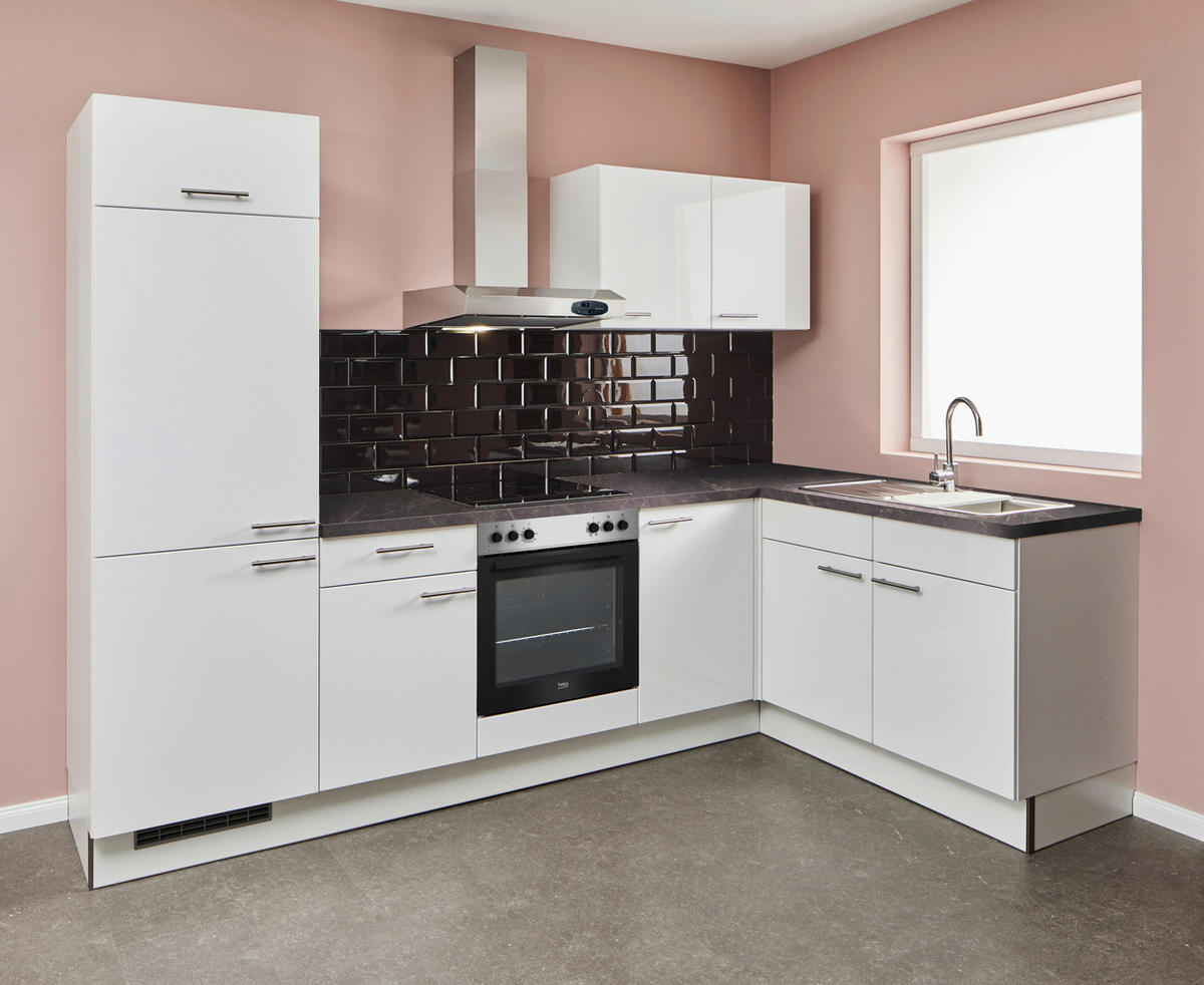 ECKKÜCHE 285/165 cm  in Grau, Weiß Hochglanz  - Edelstahlfarben/Weiß Hochglanz, Design, Holzwerkstoff/Metall (285/165cm) - Pino