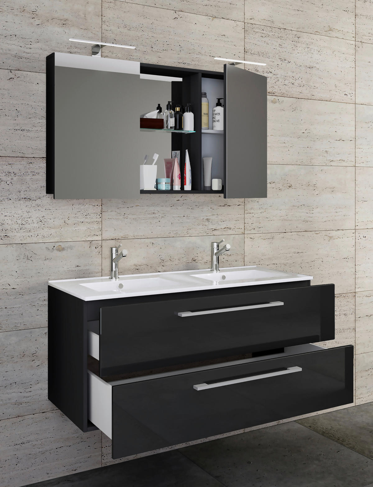 BADEZIMMER 3-teilig  in 112 cm  - Alufarben/Schwarz, MODERN, Keramik/Holzwerkstoff (112cm) - MID.YOU