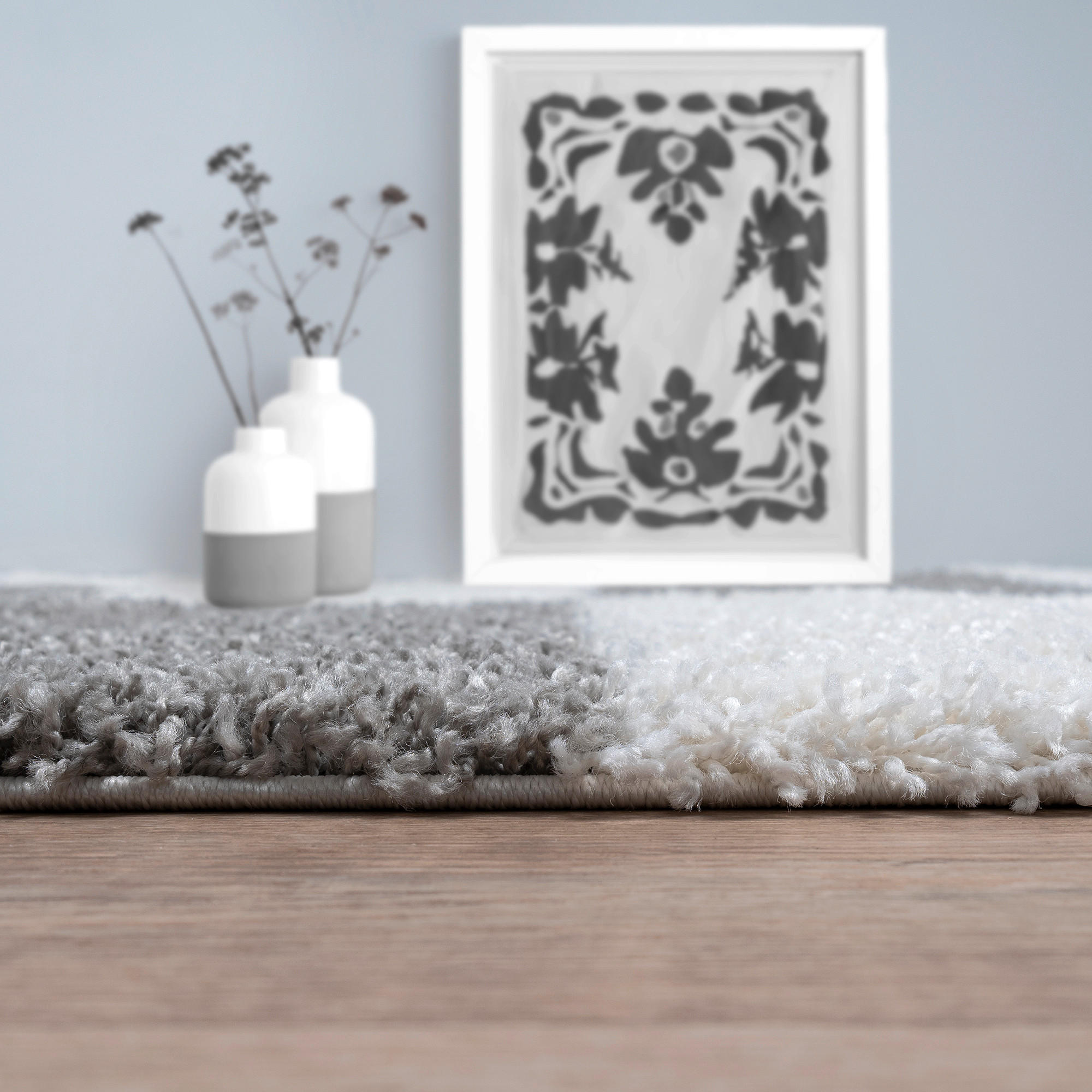 Thumbnail - Novel Hochflorteppich Milano, Weiß, Hellgrau, Textil, Streifen, rechteckig, 140x200 cm, für Fußbodenheizung geeignet, sc...