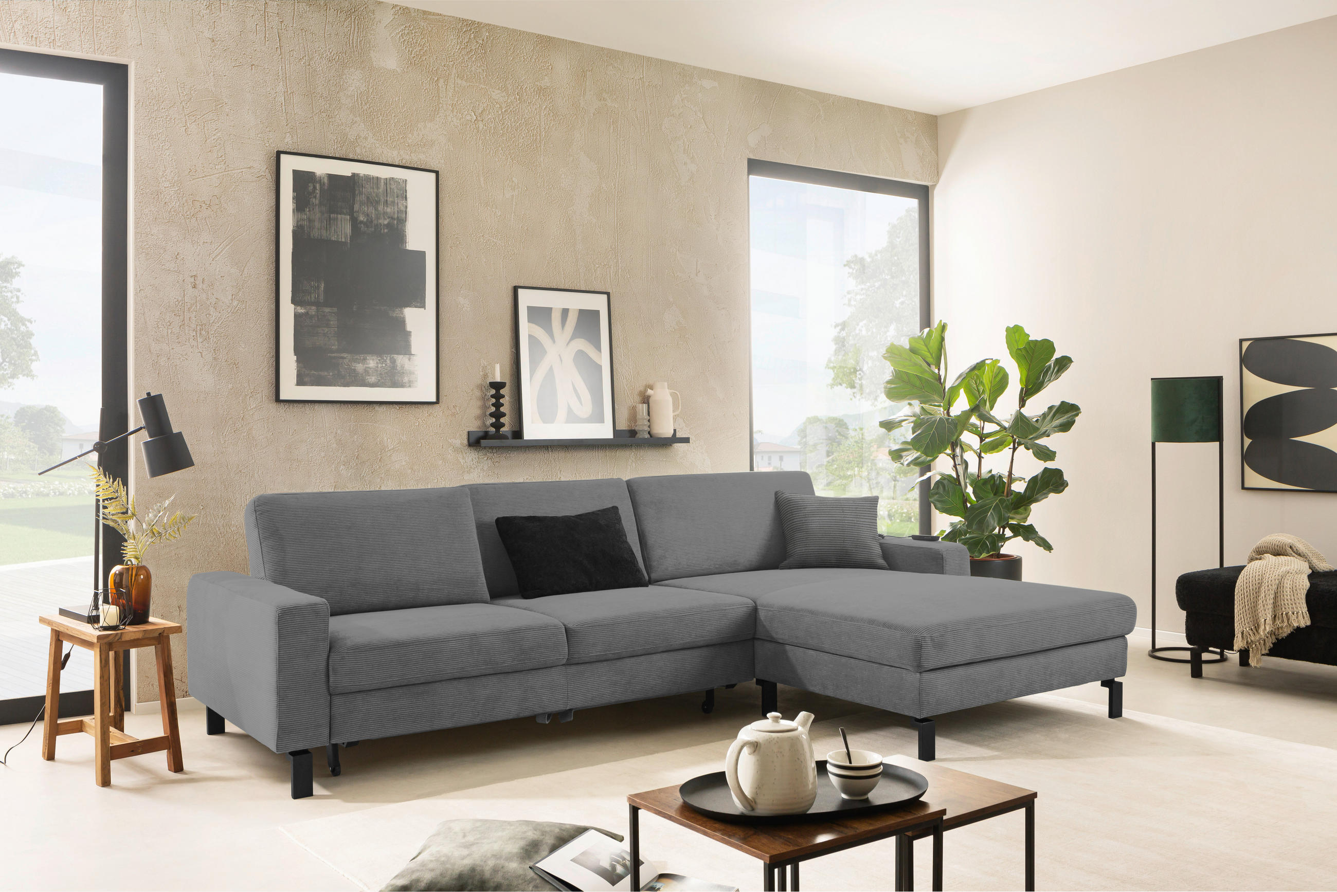 ECKSOFA in Cord Grau  - Schwarz/Grau, Design, Textil/Metall (298/185-209cm) - Pure Home Lifestyle