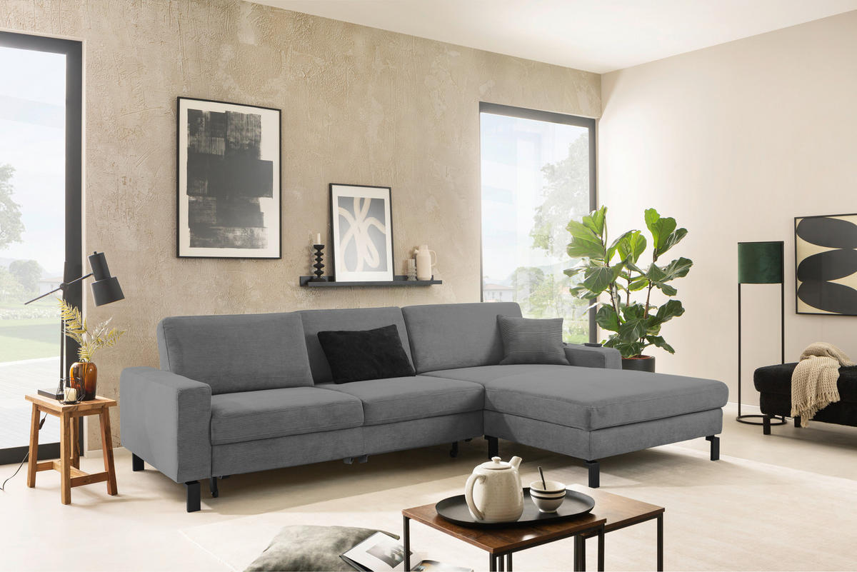 ECKSOFA in Cord Grau  - Schwarz/Grau, Design, Textil/Metall (298/185-209cm) - Pure Home Lifestyle