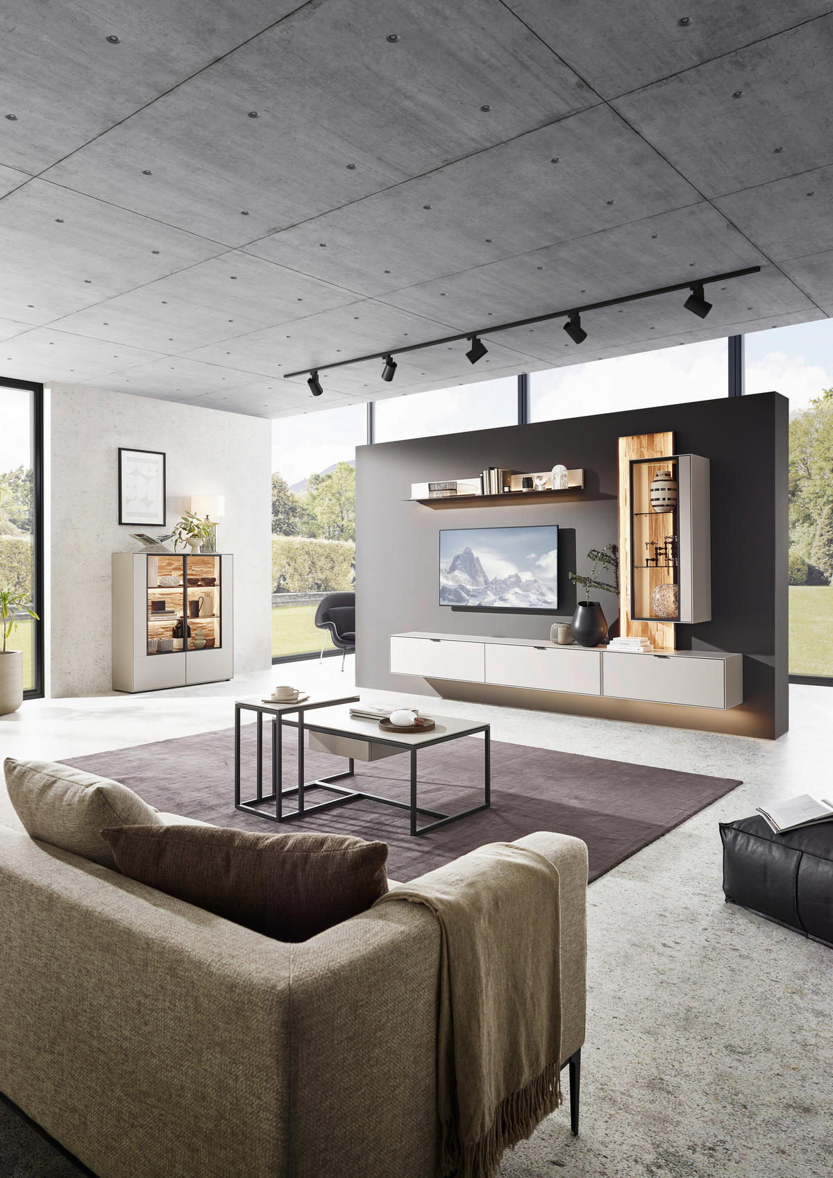 WOHNWAND  in Grau, Wildeiche 303,8/220,3/37,1 cm  - Wildeiche/Schwarz, Design, Glas/Holz (303,8/220,3/37,1cm) - Dieter Knoll