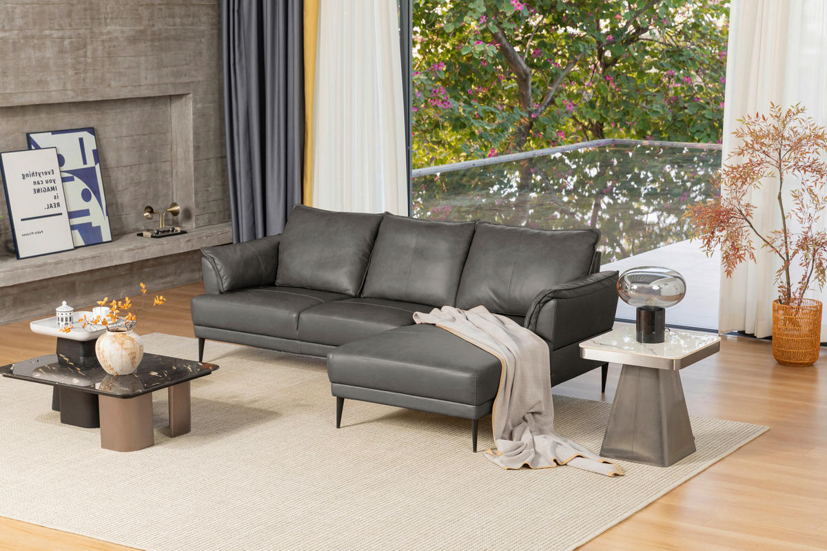 ECKSOFA  in Echtleder Grau  233/153 cm  - Schwarz/Grau, Design, Leder/Textil (233/153cm) - Livetastic