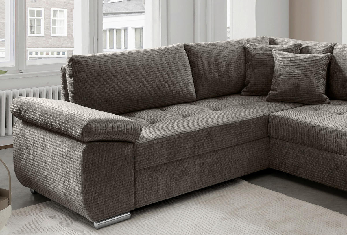 Wohnlandschaft in Mikrofaser Graubraun  - Chromfarben/Graubraun, KONVENTIONELL, Textil (219/305/157cm) - Livetastic