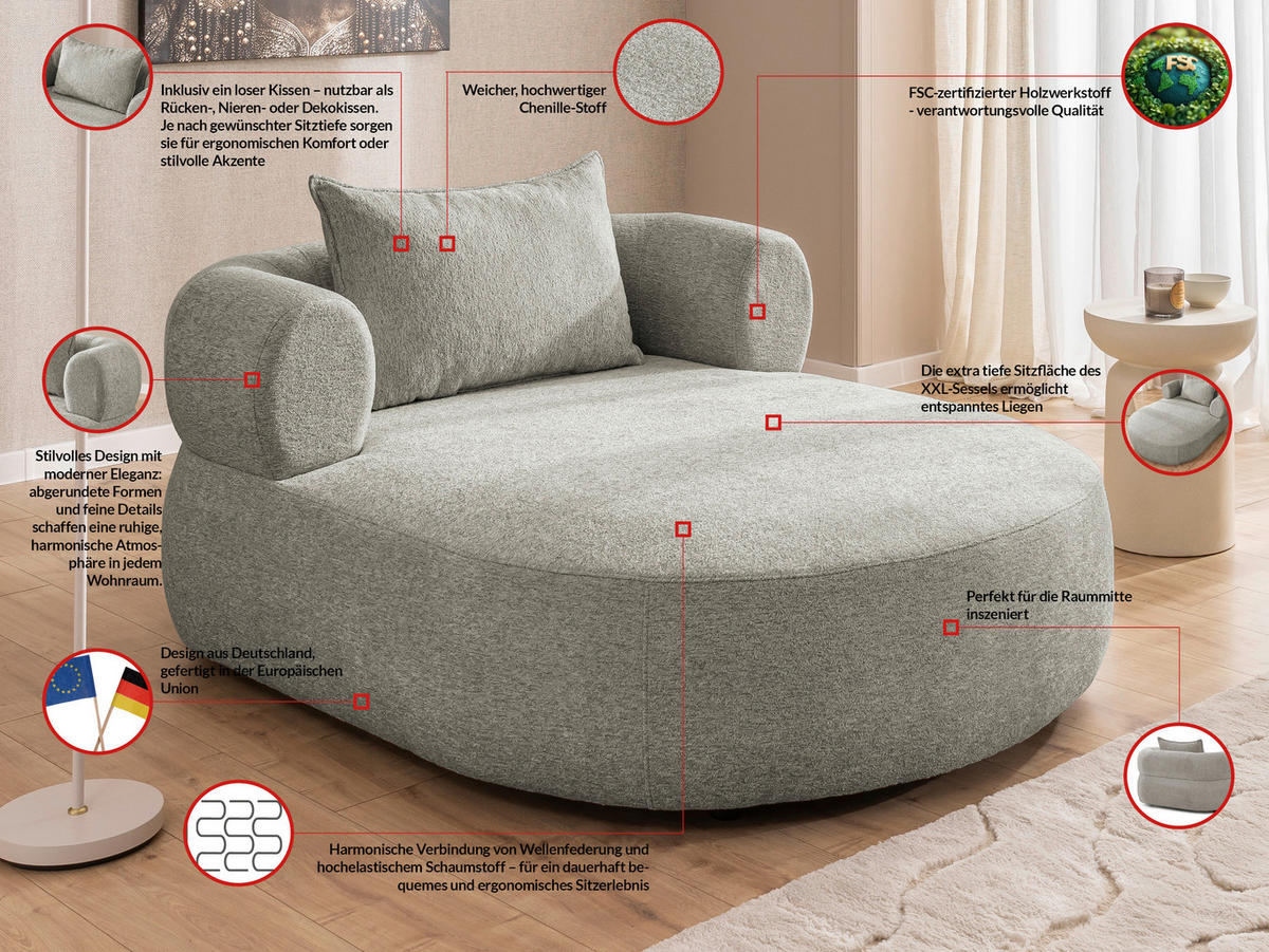 XXL-SESSEL Chenille Hellgrau    - Hellgrau/Schwarz, Design, Kunststoff/Textil (122/76/156cm) - Livetastic