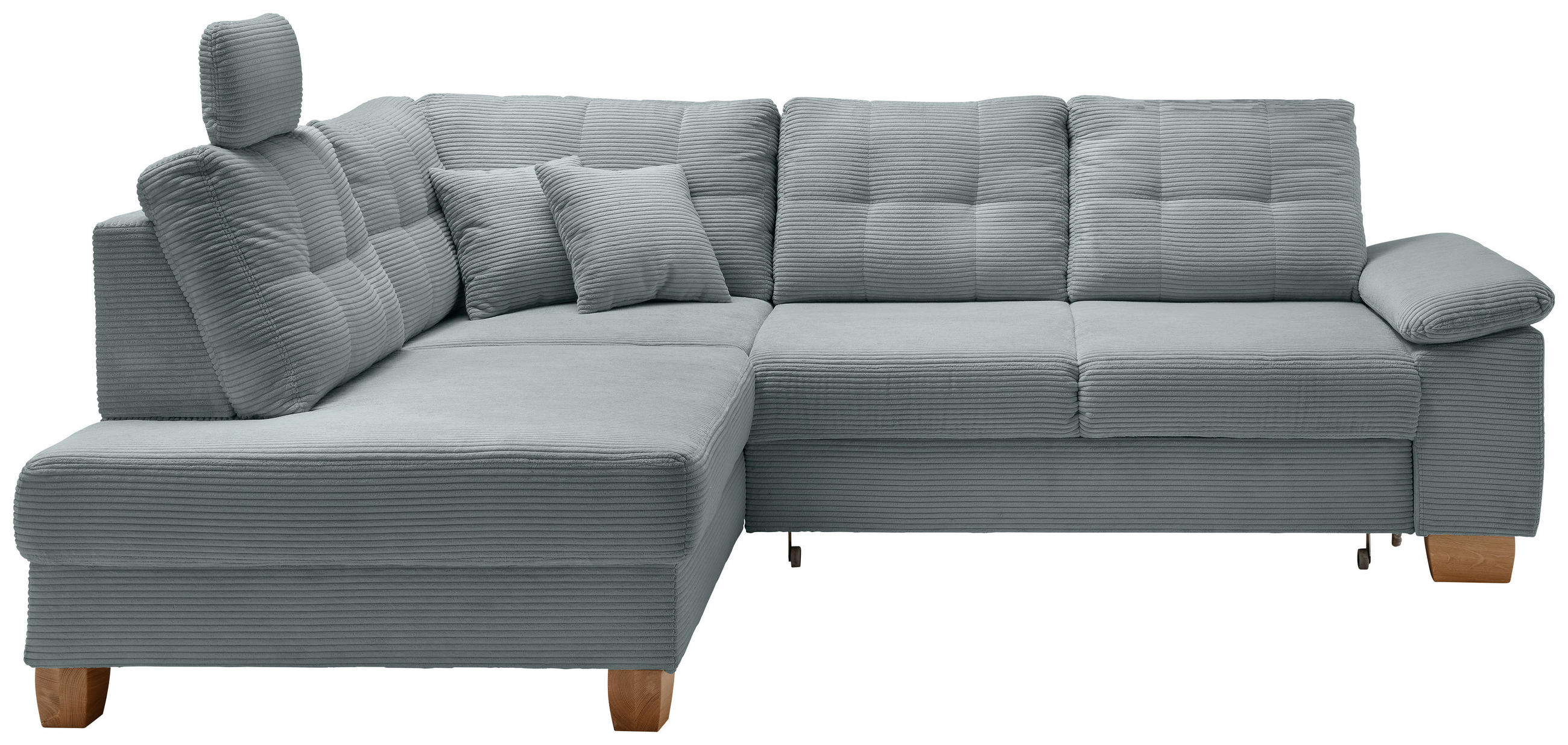 ECKSOFA Hellblau Cord Bettkasten, Schlaffunktion, Sitztiefenverstellung, Kopfstütze, Liegefläche im Originalstoff  - Naturfarben/Hellblau, MODERN, Holz/Textil (206/274cm) - Livetastic