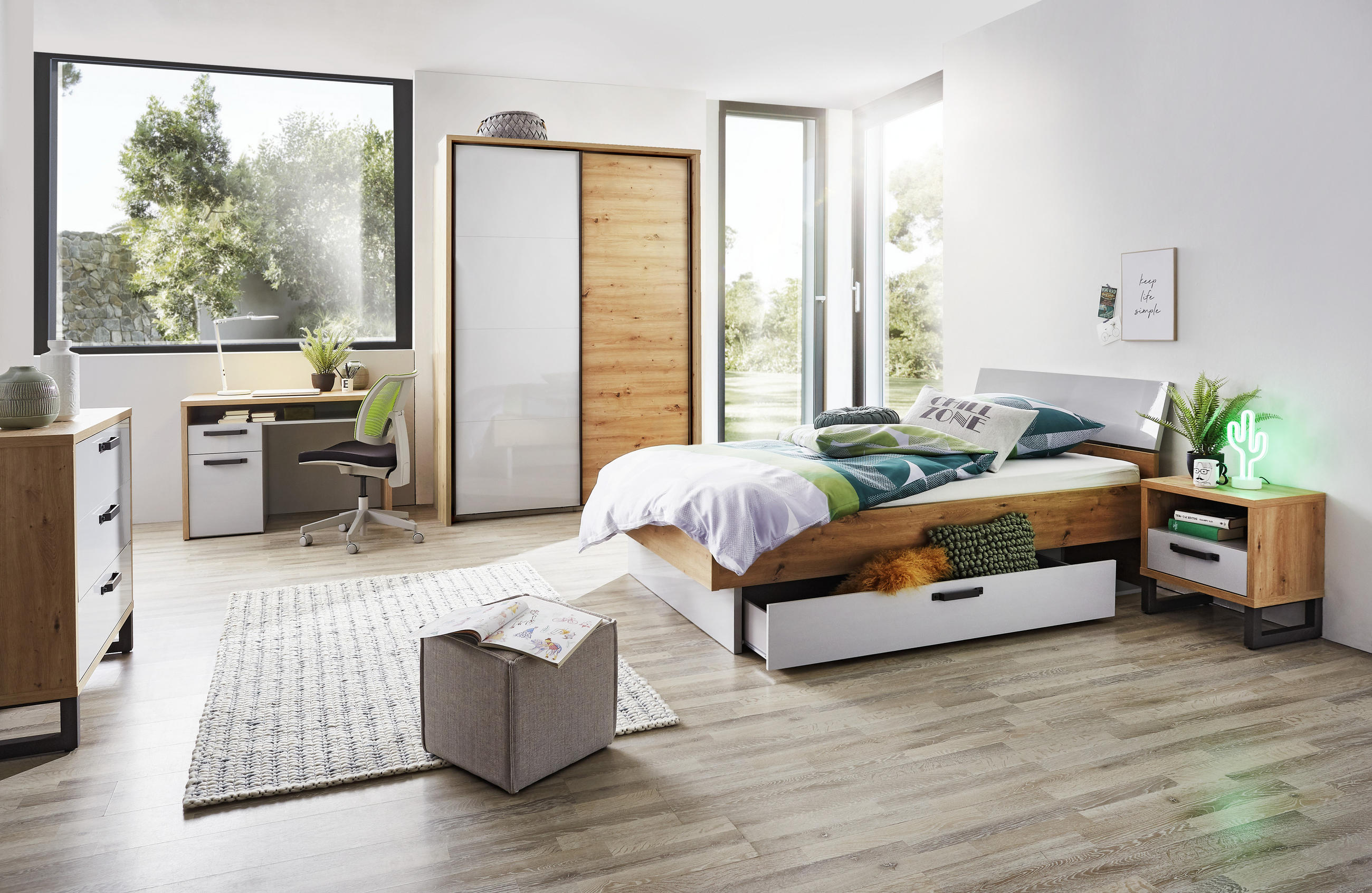 POSTELJA 120 cm x 200 cm , leseni material siva, barve hrasta - siva/barve hrasta, Moderno, leseni material (120/200cm) - Xora