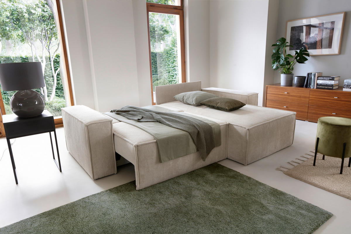 ECKSCHLAFSOFA  mit Armlehnen seitenverkehrt montierbar Samt Beige  - Beige/Schwarz, KONVENTIONELL, Holz/Kunststoff (251/170cm) - MID.YOU