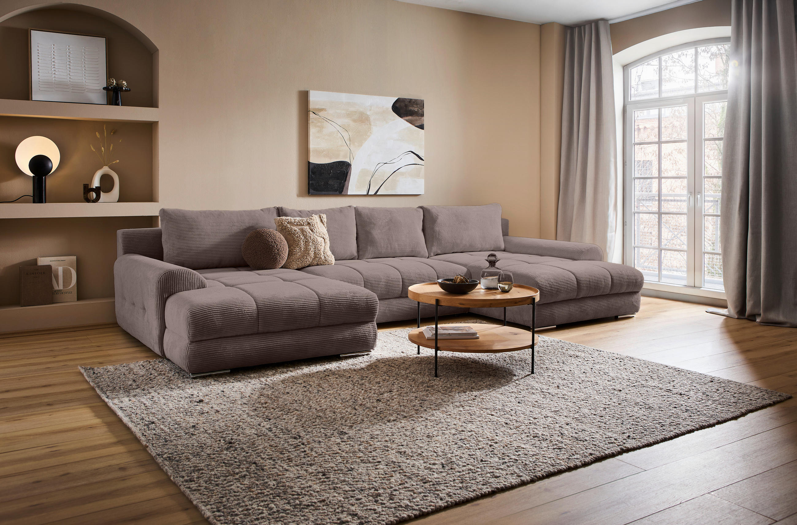 WOHNLANDSCHAFT Graubraun Cord  - Chromfarben/Graubraun, KONVENTIONELL, Kunststoff/Textil (180/376/180cm) - Carryhome