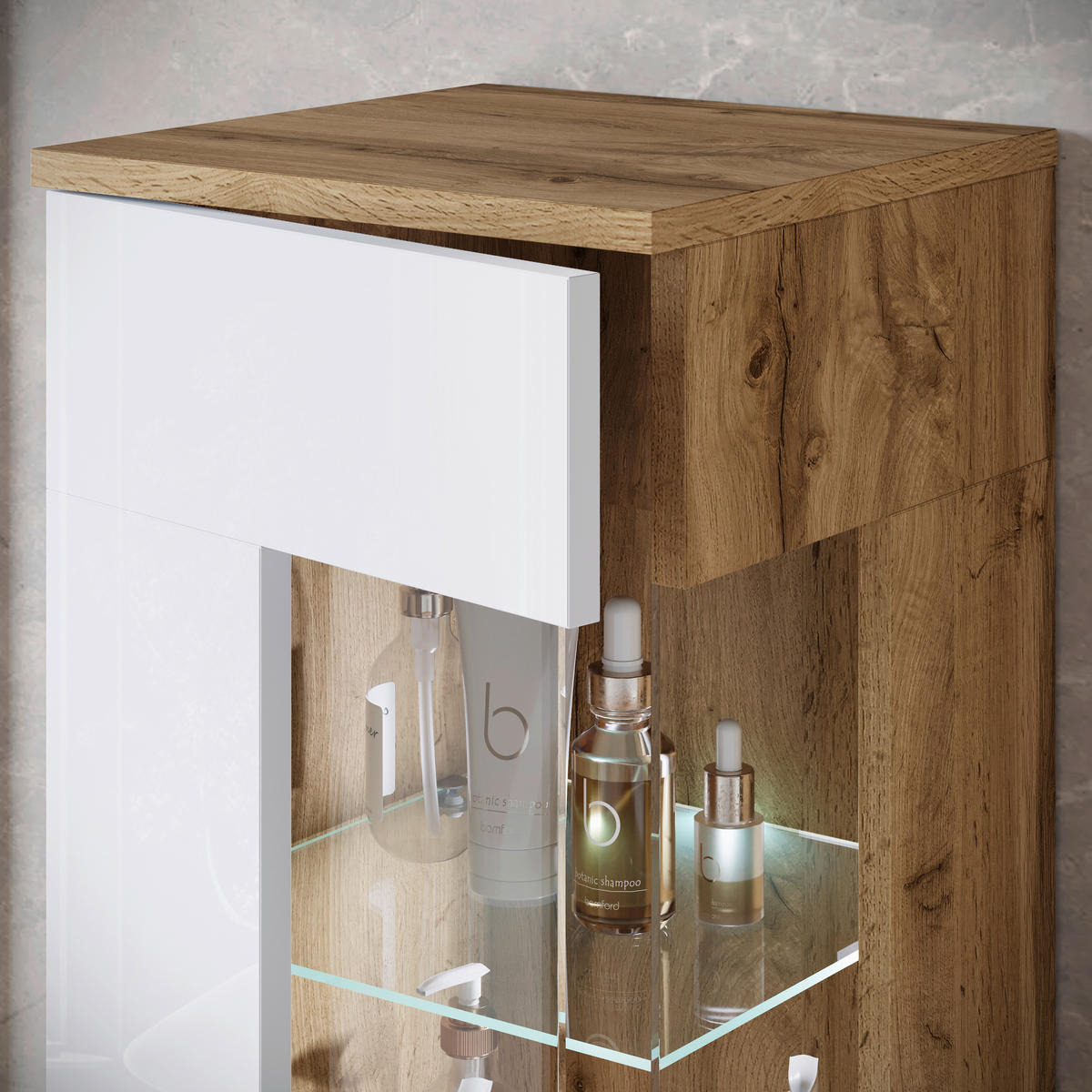 BADEZIMMER 5-teilig  in 120,4 cm  - Weiß Hochglanz/Eiche Wotan, Trend, Glas/Keramik (120,4cm) - P & B