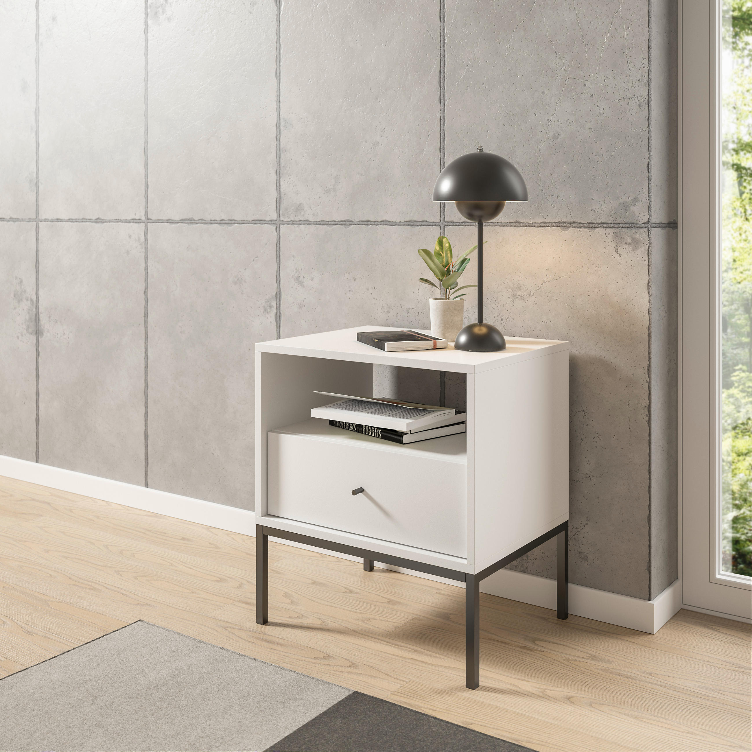 SÄNGBORD i vit  - vit/svart, Modern, metall/trämaterial (54/56/39cm) - MID.YOU