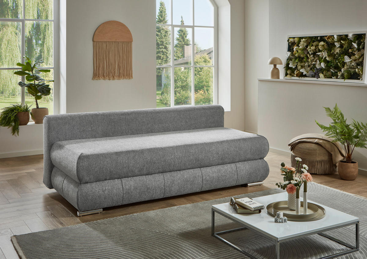 SCHLAFSOFA Webstoff Silberfarben  inkl. Rückenkissen, Armlehnenkissen, Bettkasten, Schlaffunktion, Rücken echt, Liegefläche im Originalstoff  - Edelstahlfarben/Silberfarben, KONVENTIONELL, Textil/Metall (199/95/97cm) - Carryhome