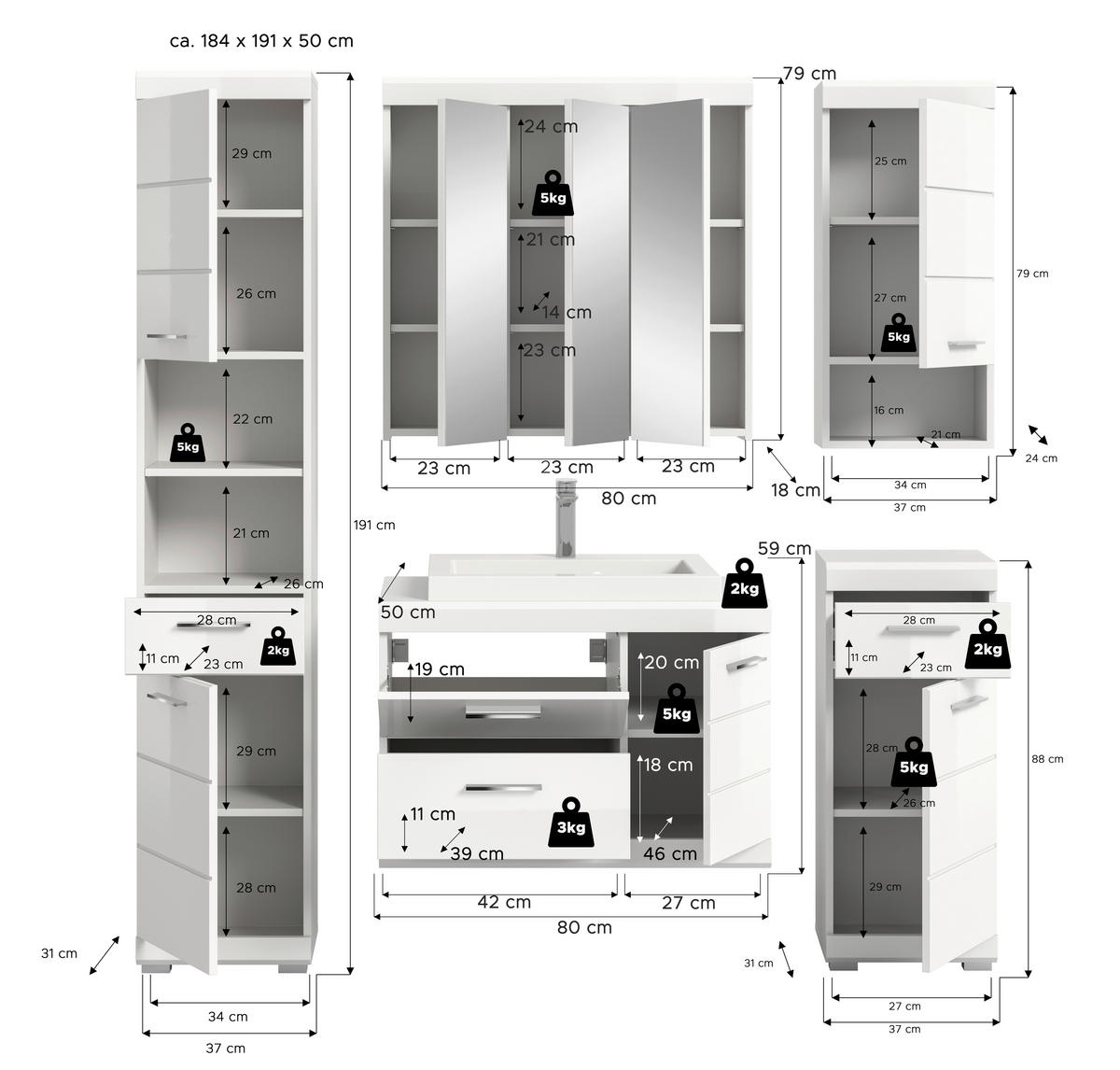 BADEZIMMER 6-teilig  in 184 cm  - Weiß Hochglanz/Silberfarben, Trend, Glas/Holzwerkstoff (184cm) - MID.YOU