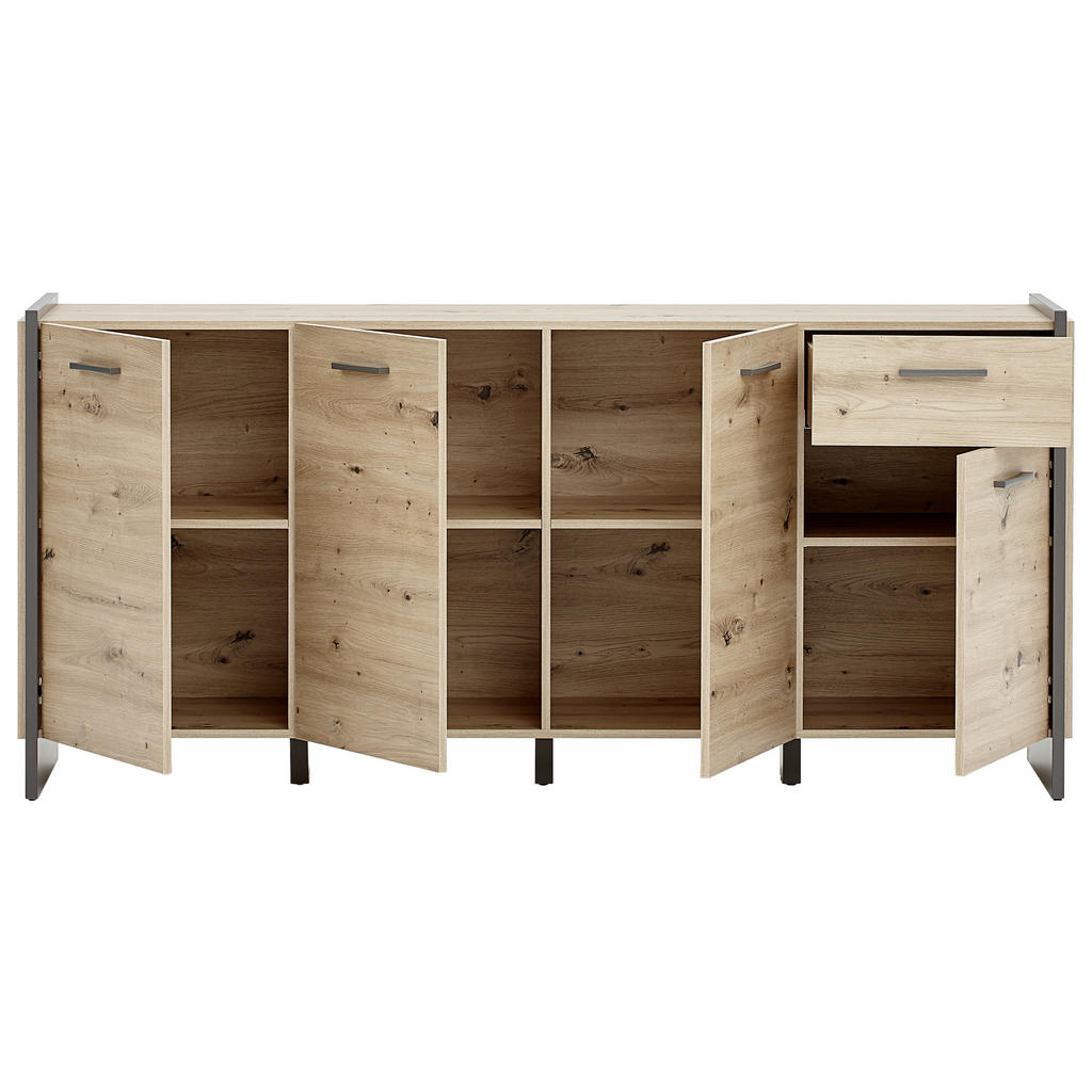 Thumbnail - Hom`in Sideboard, Grau, Eiche Artisan, Kunststoff, 4 Fächer, 1 Schubladen, 186.5x86.1x41.3 cm, Beimöbel erhältlich, Wohn...