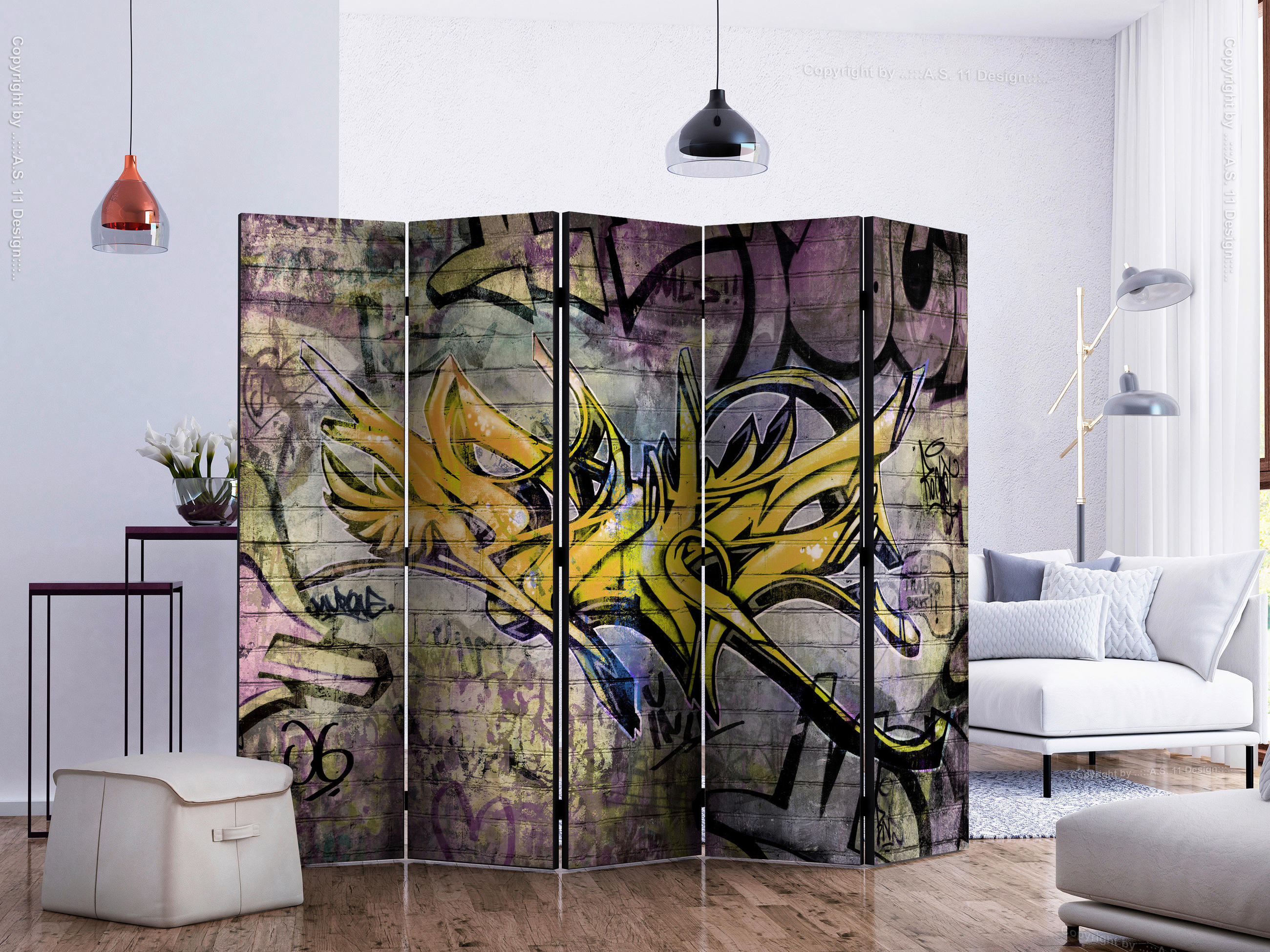 SKÄRMVÄGG  i trä, textil  gul, lila  - lila/gul, Basics, trä/textil (225/172/3cm) - artgeist