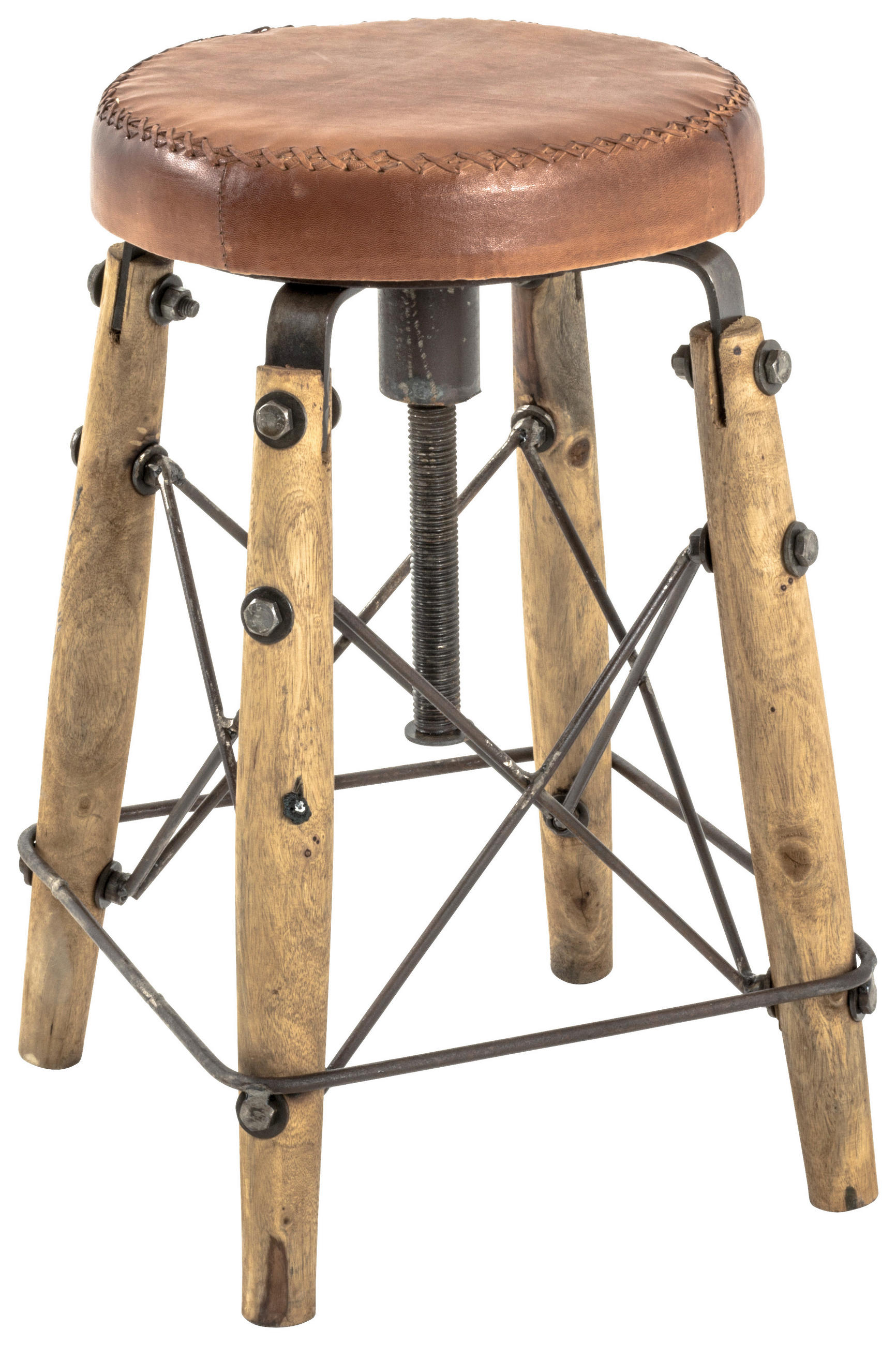 Hocker in Holz, Metall, Leder Braun, Naturfarben