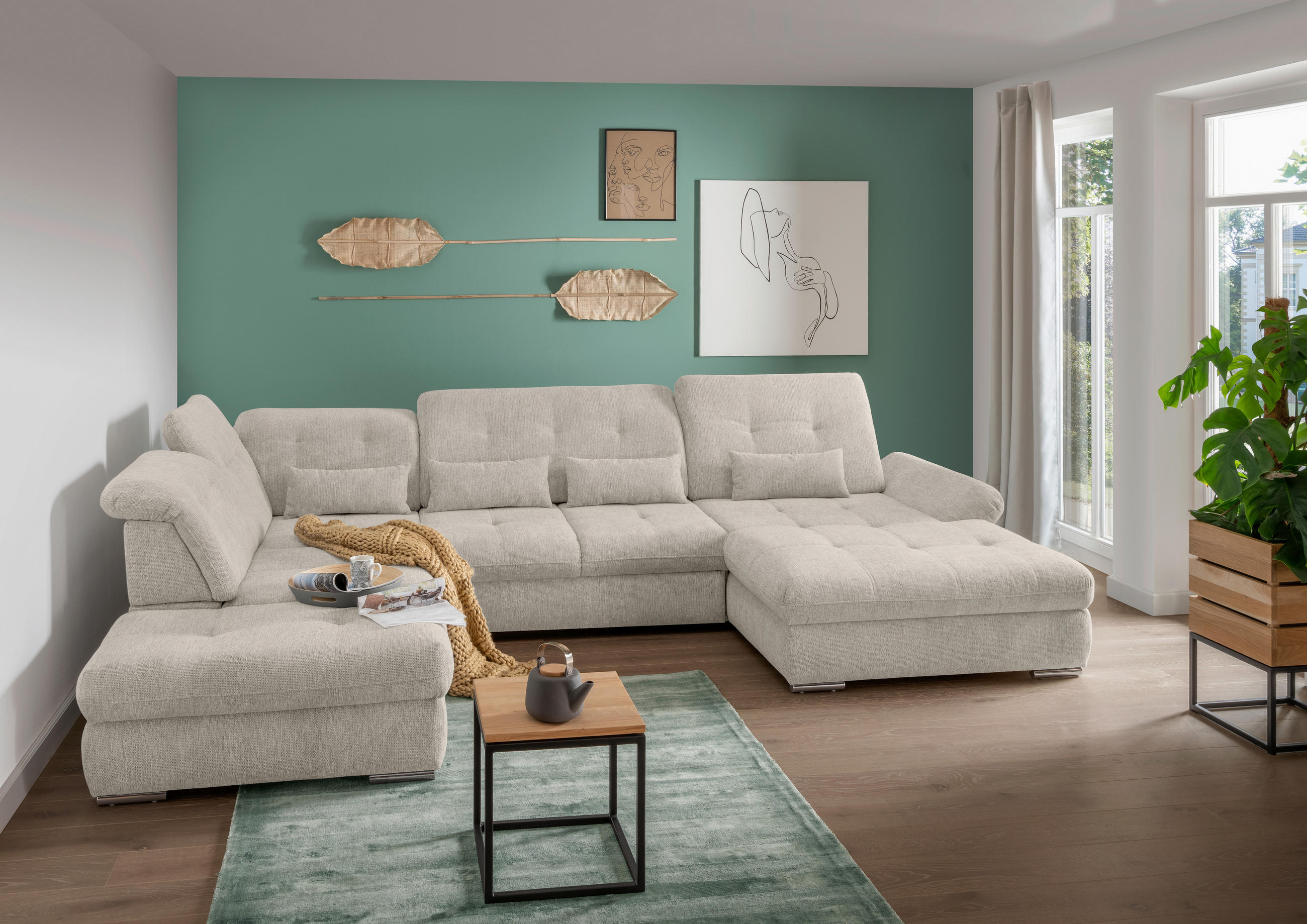 WOHNLANDSCHAFT in Chenille Beige  - Chromfarben/Beige, Design, Textil/Metall (254/376/195cm) - Livetastic