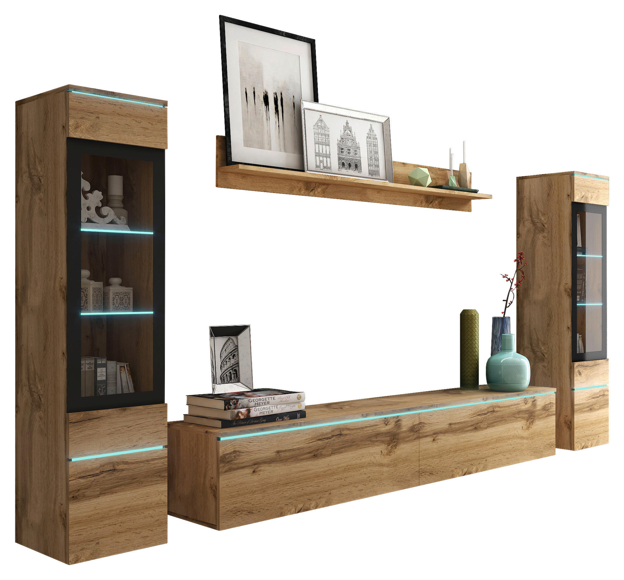 WOHNWAND 4-teilig  in Eiche Wotan  240/130/33 cm  - Eiche Wotan/Grau, LIFESTYLE, Glas/Holzwerkstoff (240/130/33cm) - P & B