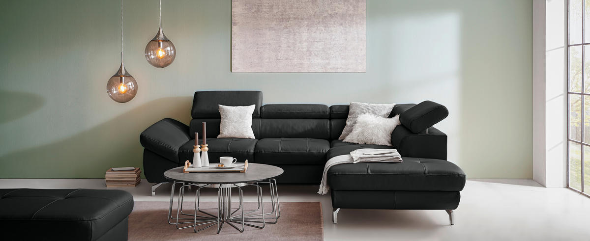 ECKSOFA in Echtleder Schwarz  - Silberfarben/Schwarz, Design, Leder/Metall (270/220cm) - Novel