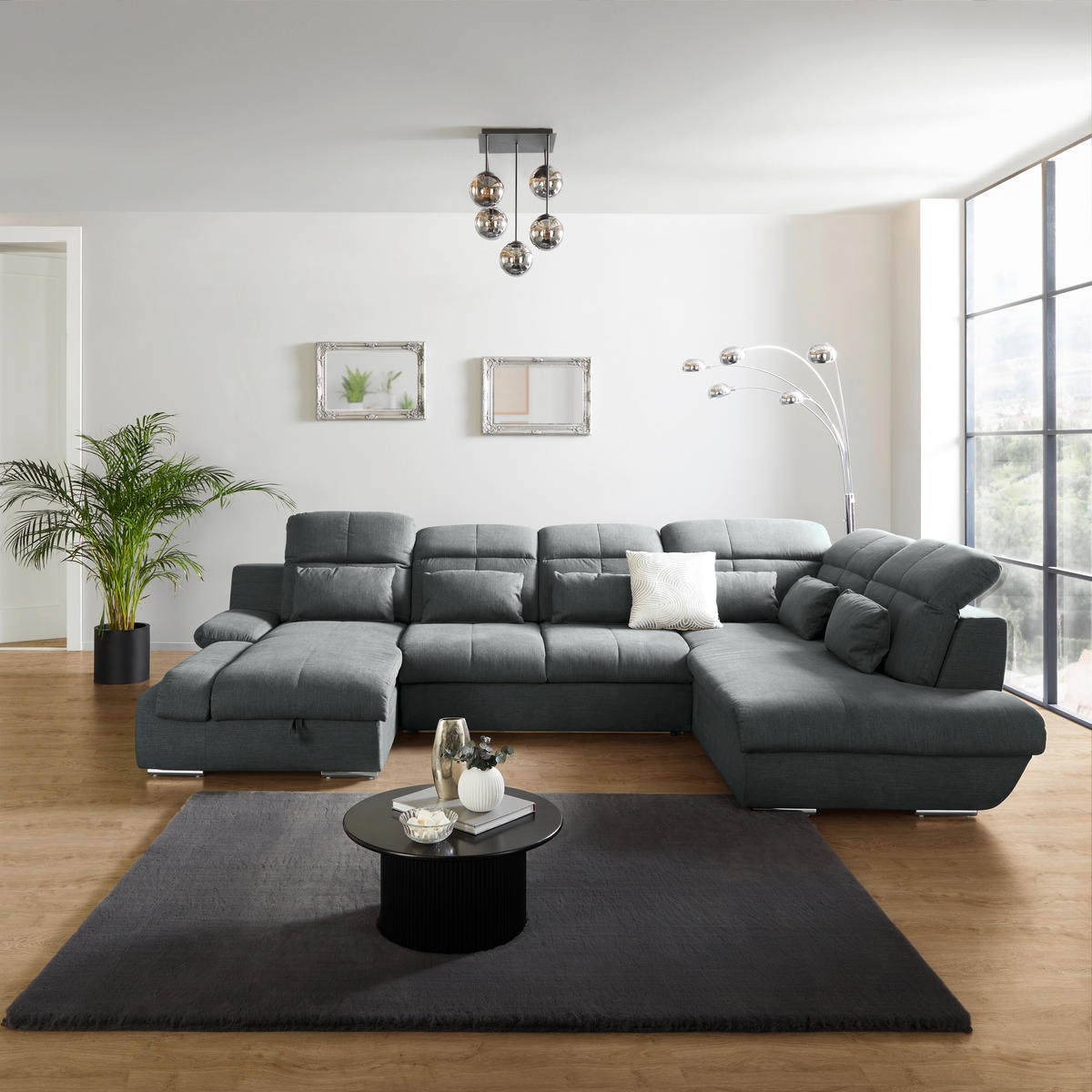 WOHNLANDSCHAFT Grau Mikrofaser  - Chromfarben/Dunkelgrau, MODERN, Textil/Metall (184/345/228cm) - MID.YOU