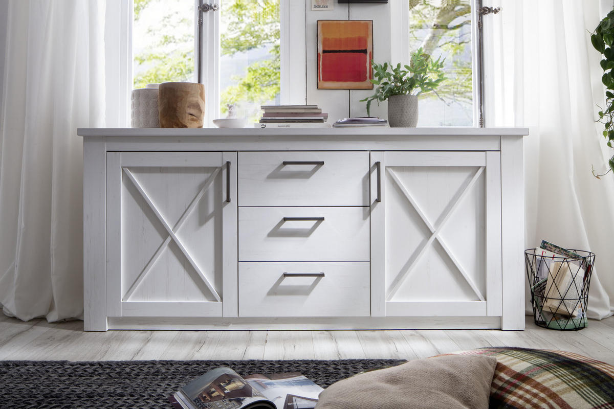 SIDEBOARD  197/88/42 cm 3 låda(or)  - vit/grå, Design, metall/trämaterial (197/88/42cm)