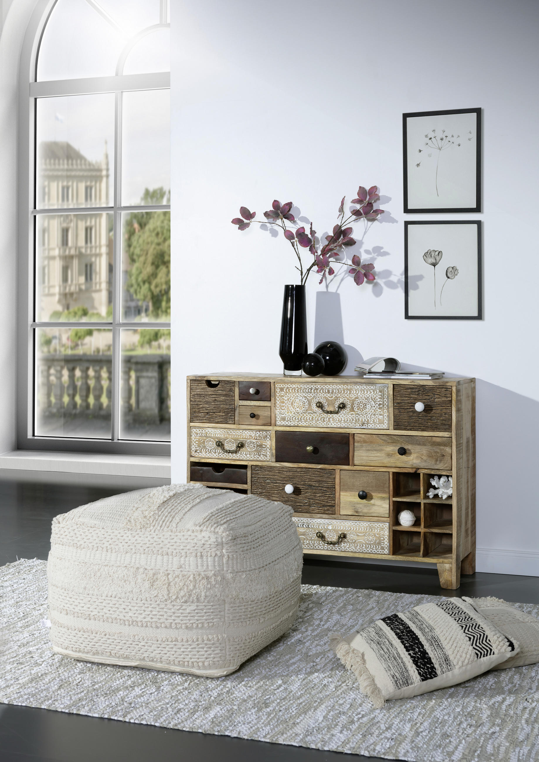 SIDEBOARD Akazie, Mangoholz massiv Multicolor, Naturfarben - Dunkelbraun/Messingfarben, Design, Holz/Metall (114/80/39cm)