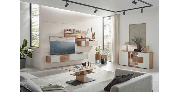 WOHNWAND in Weiß, Eichefarben 343/196/44 cm - Eichefarben/Silberfarben, Design, Glas/Holz (343/196/44cm) - Valnatura